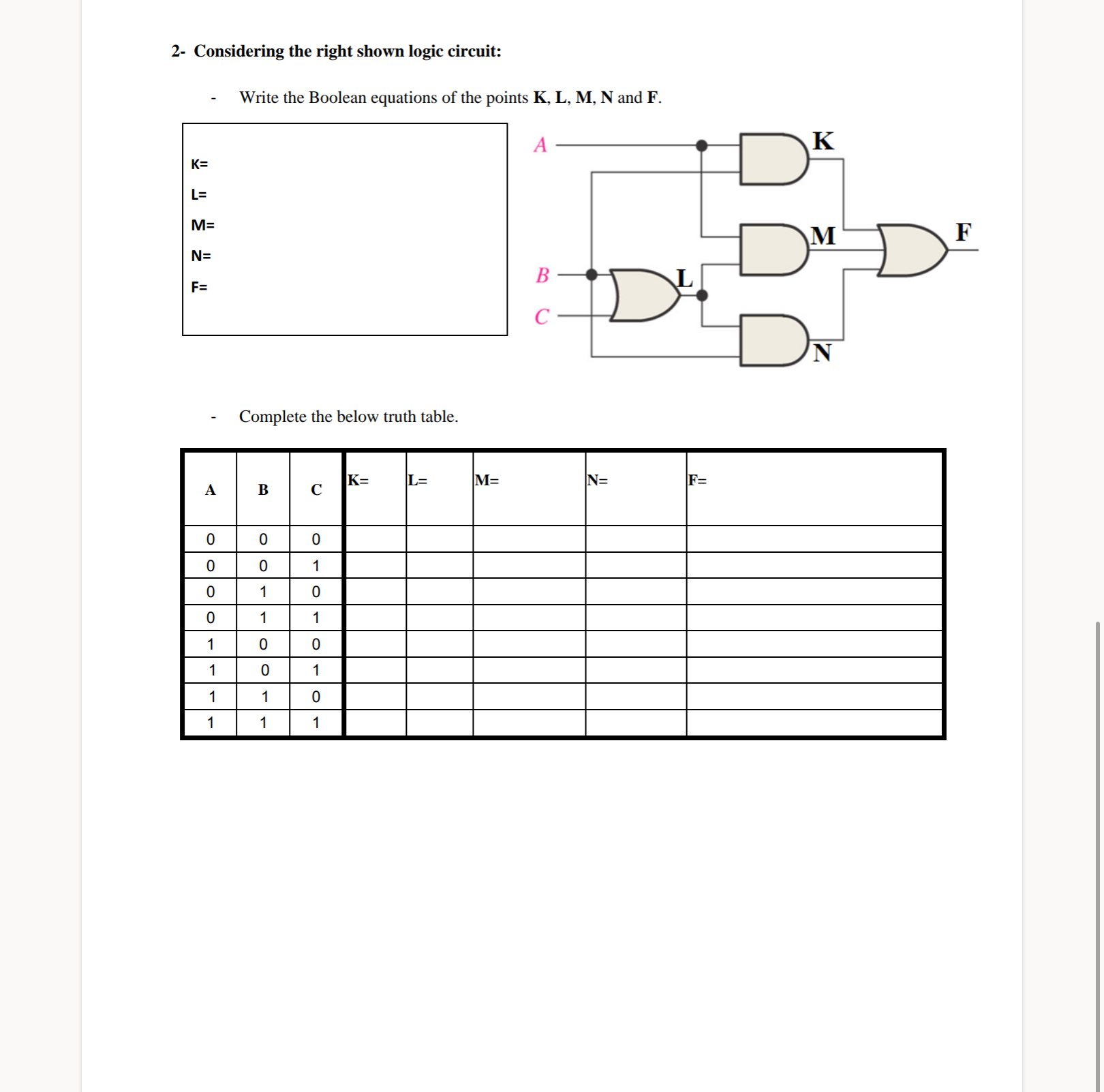 2 - Considering the right shown logic circuit:
