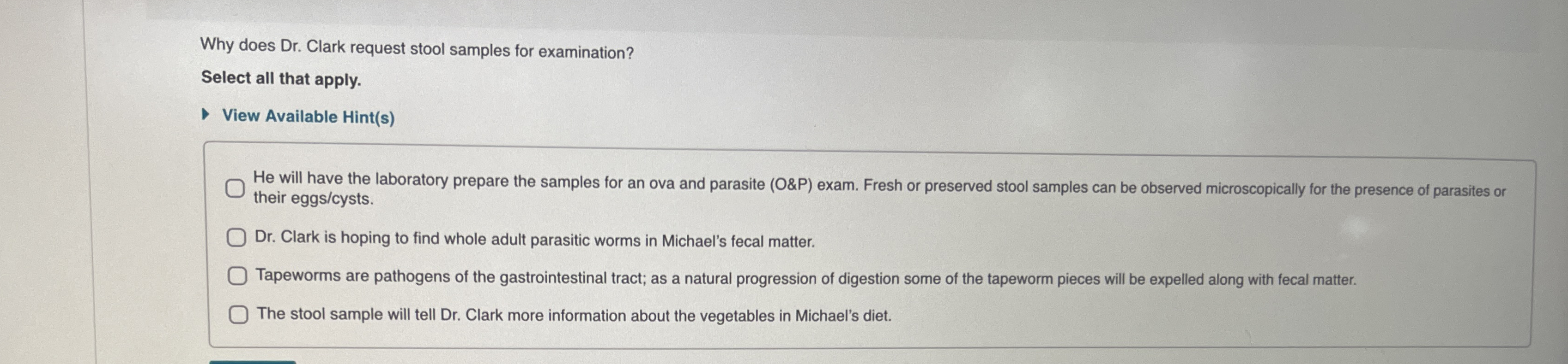 Why does Dr . Clark request stool samples for
