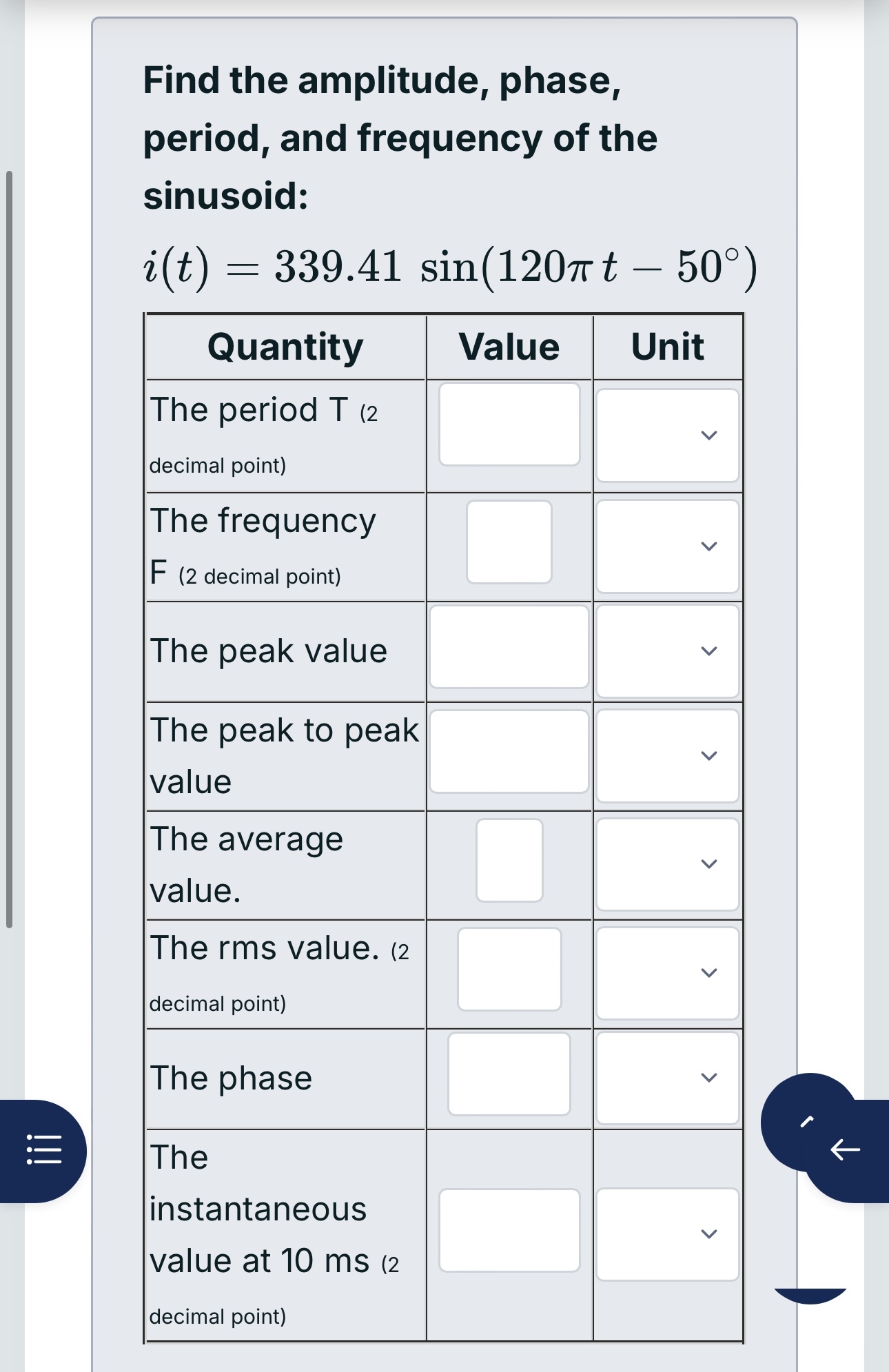 Find the amplitude, phase, period, and frequency
