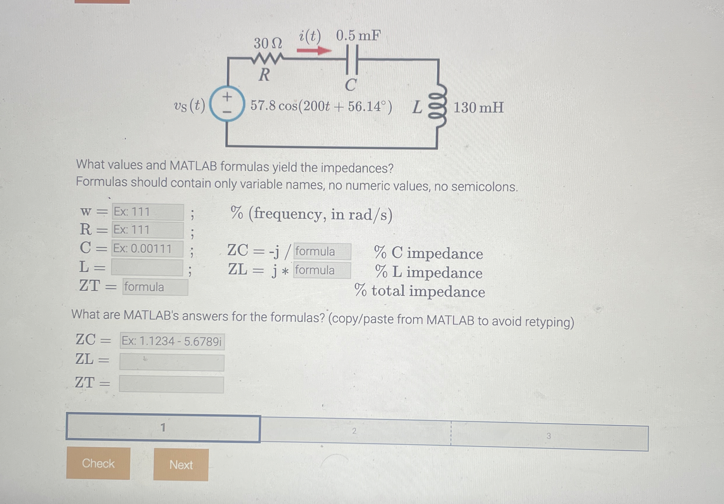 What values and MATLAB formulas yield the