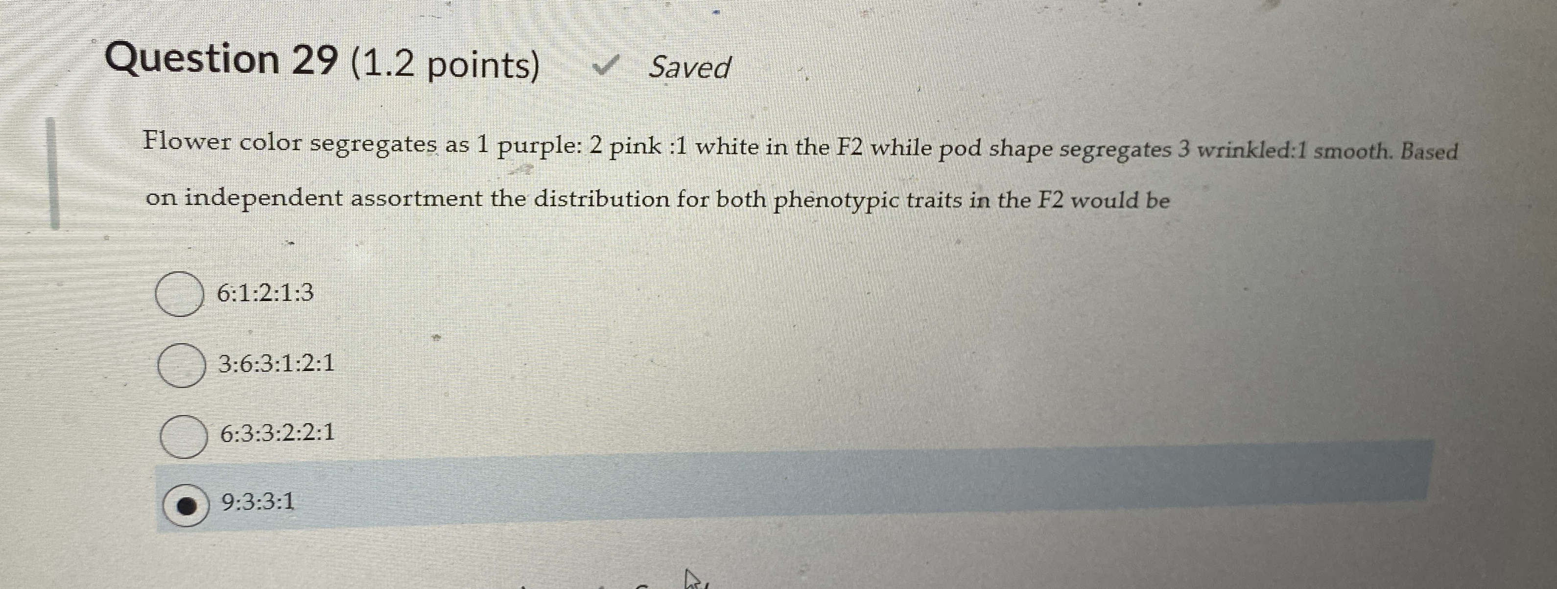 Question 2 9 ( 1 . 2 points ) Saved Flower color