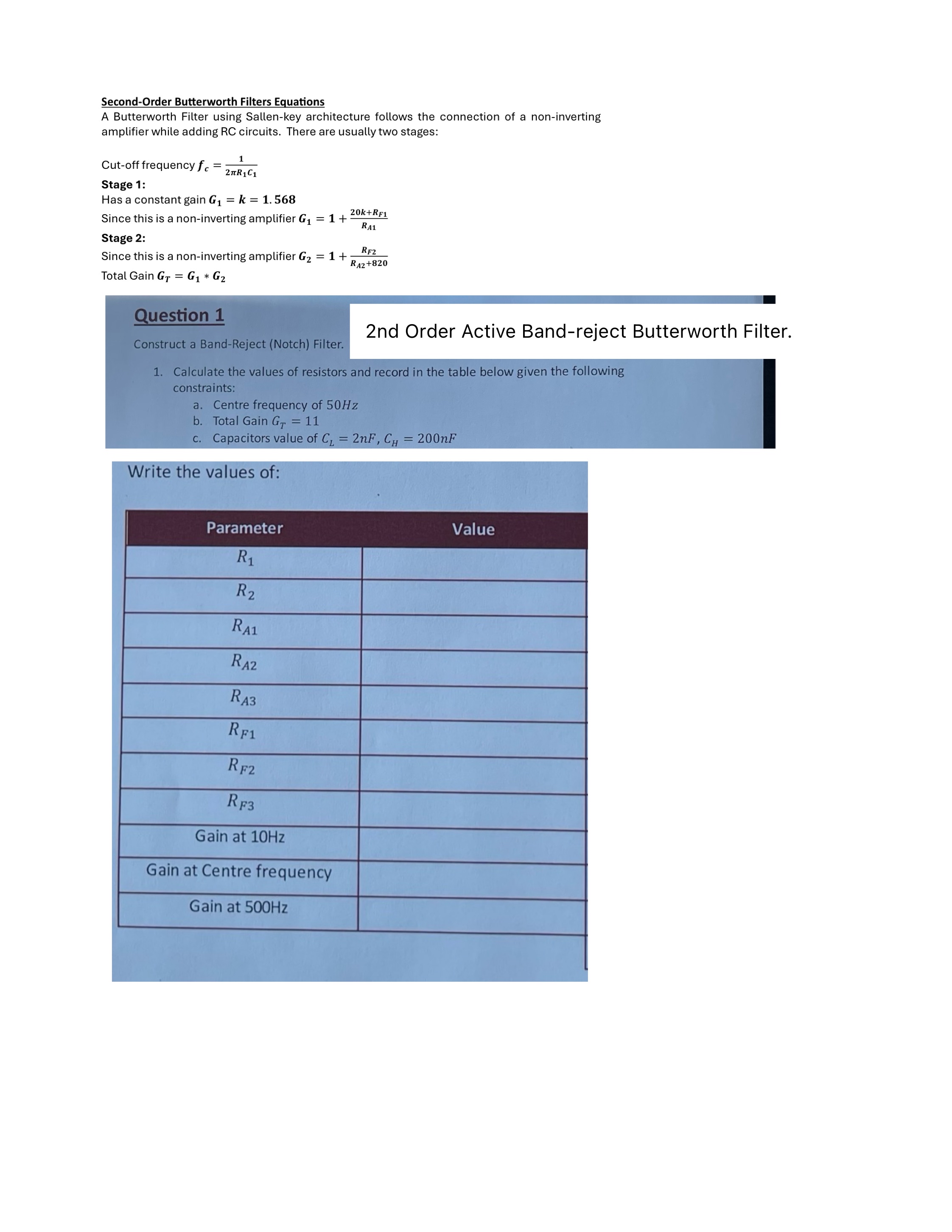 Second - Order Butterworth Filters Equations A