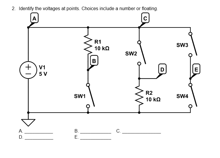 Identify the voltages at points. Choices include