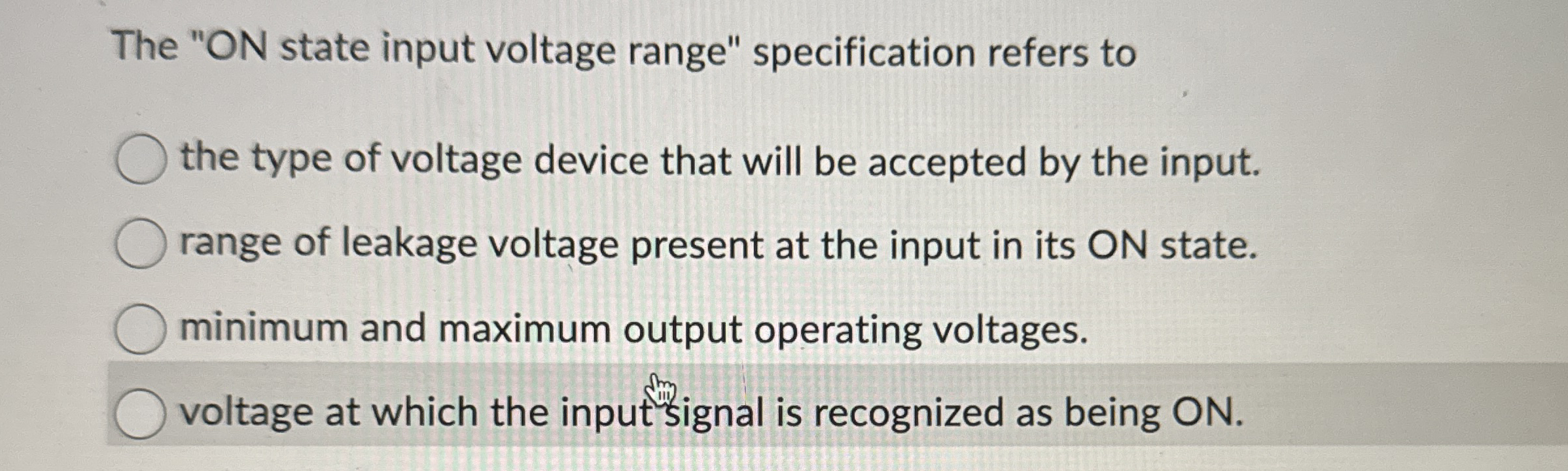 The " ON state input voltage range" specification