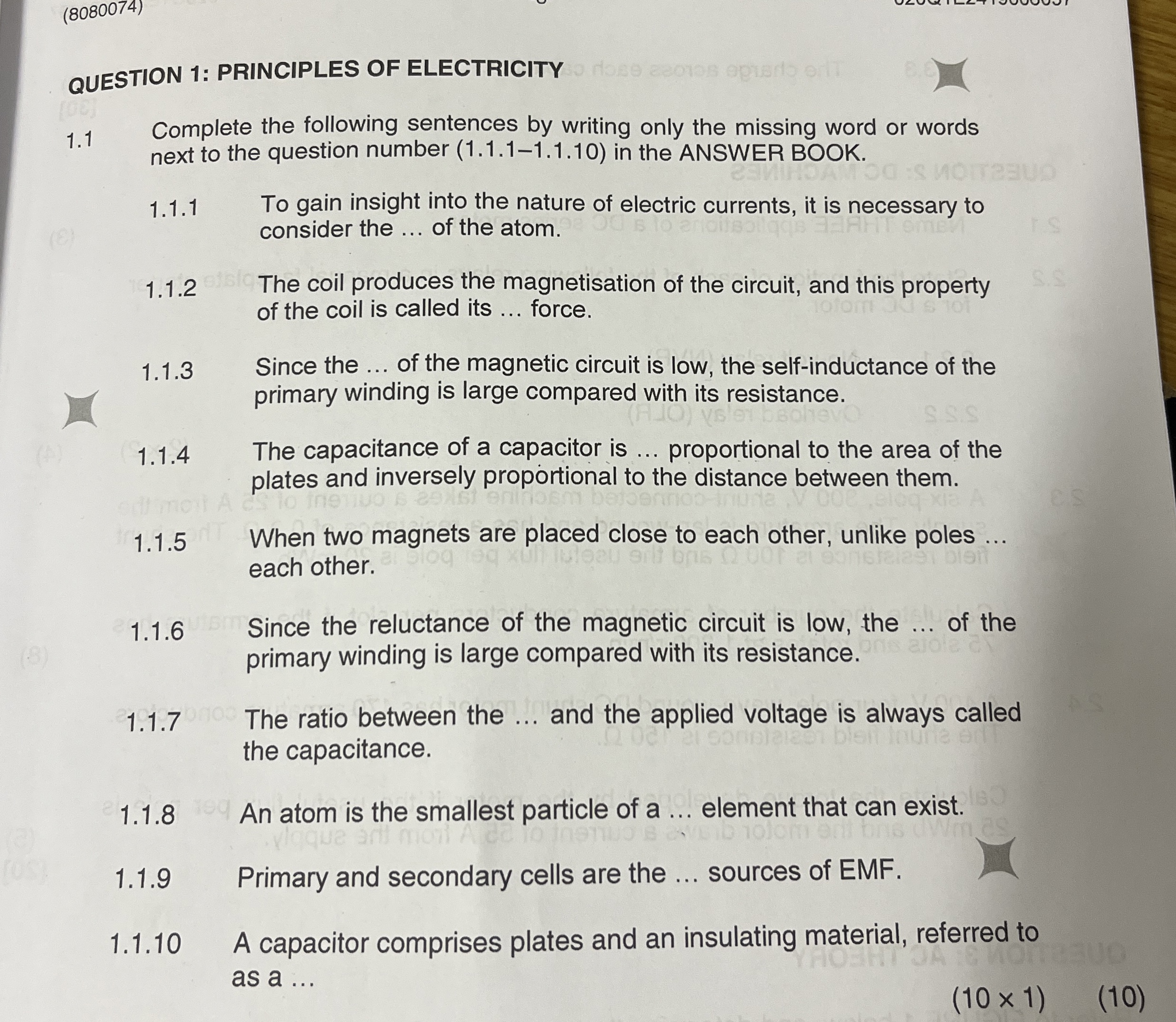 QUESTION 1 : PRINCIPLES OF ELECTRICITY 1 . 1