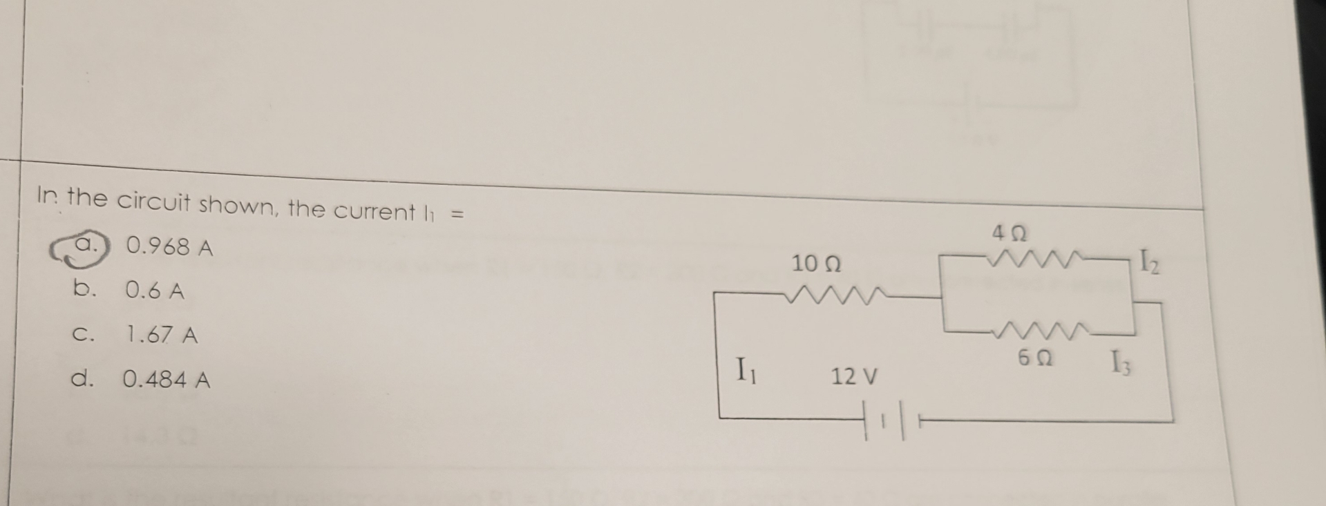 In the circuit shown, the current i 3 = a . 0 . 9