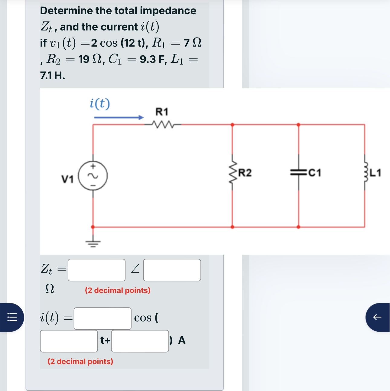 Determine the total impedance Z t , and the