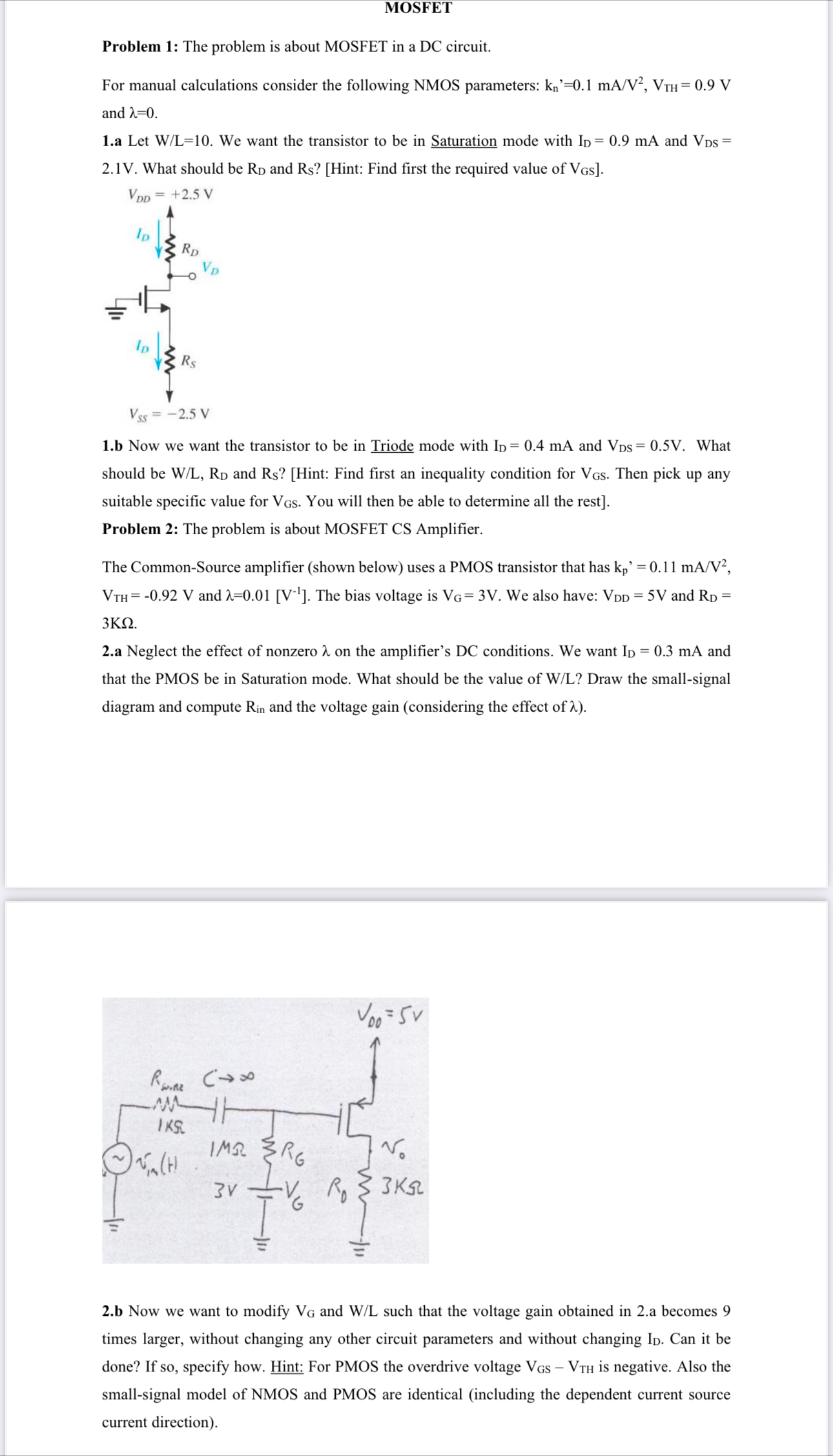 MOSFET Problem 1 : The problem is about MOSFET in