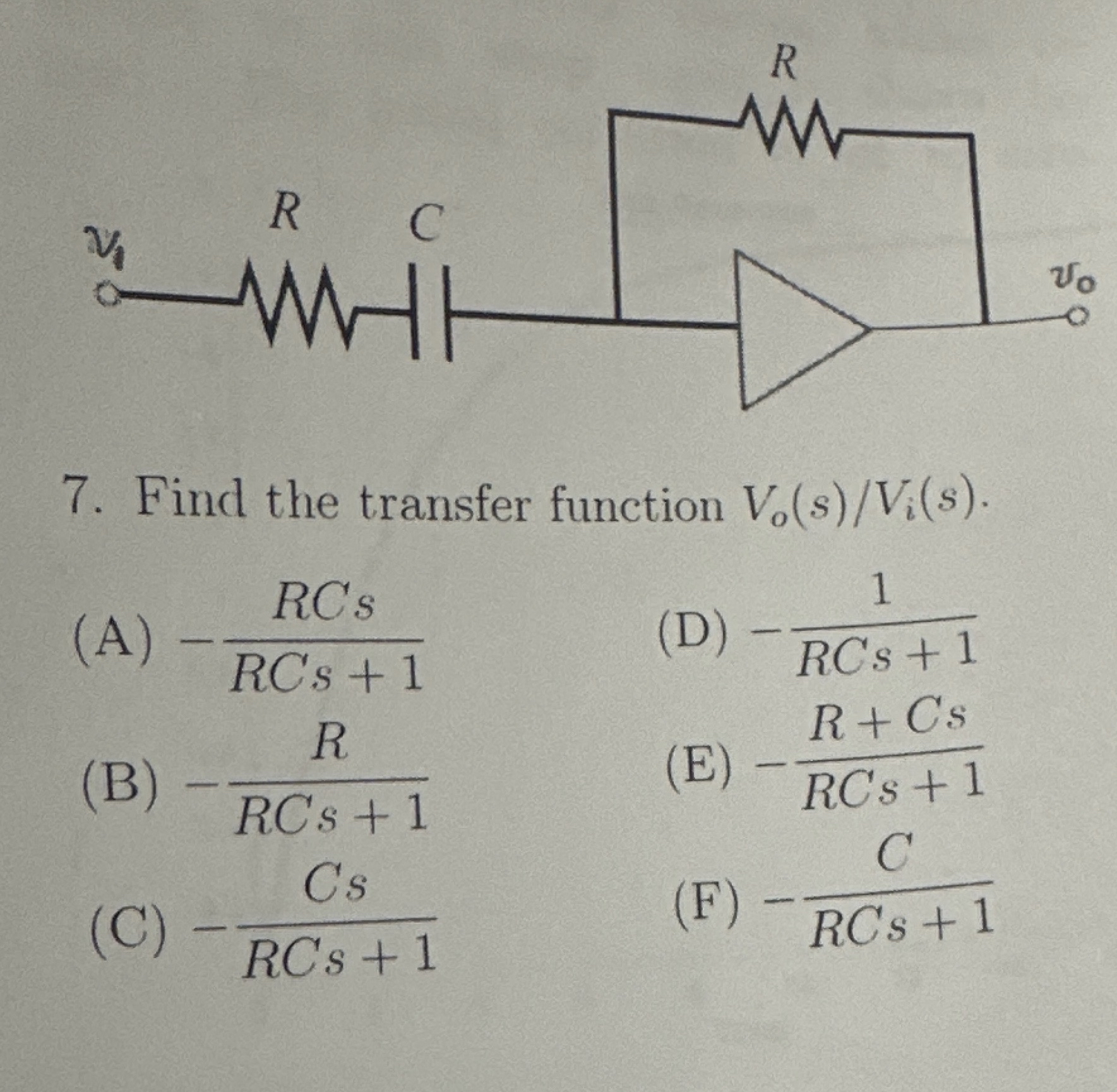 Find the transfer function V o s V i ( s ) . ( A