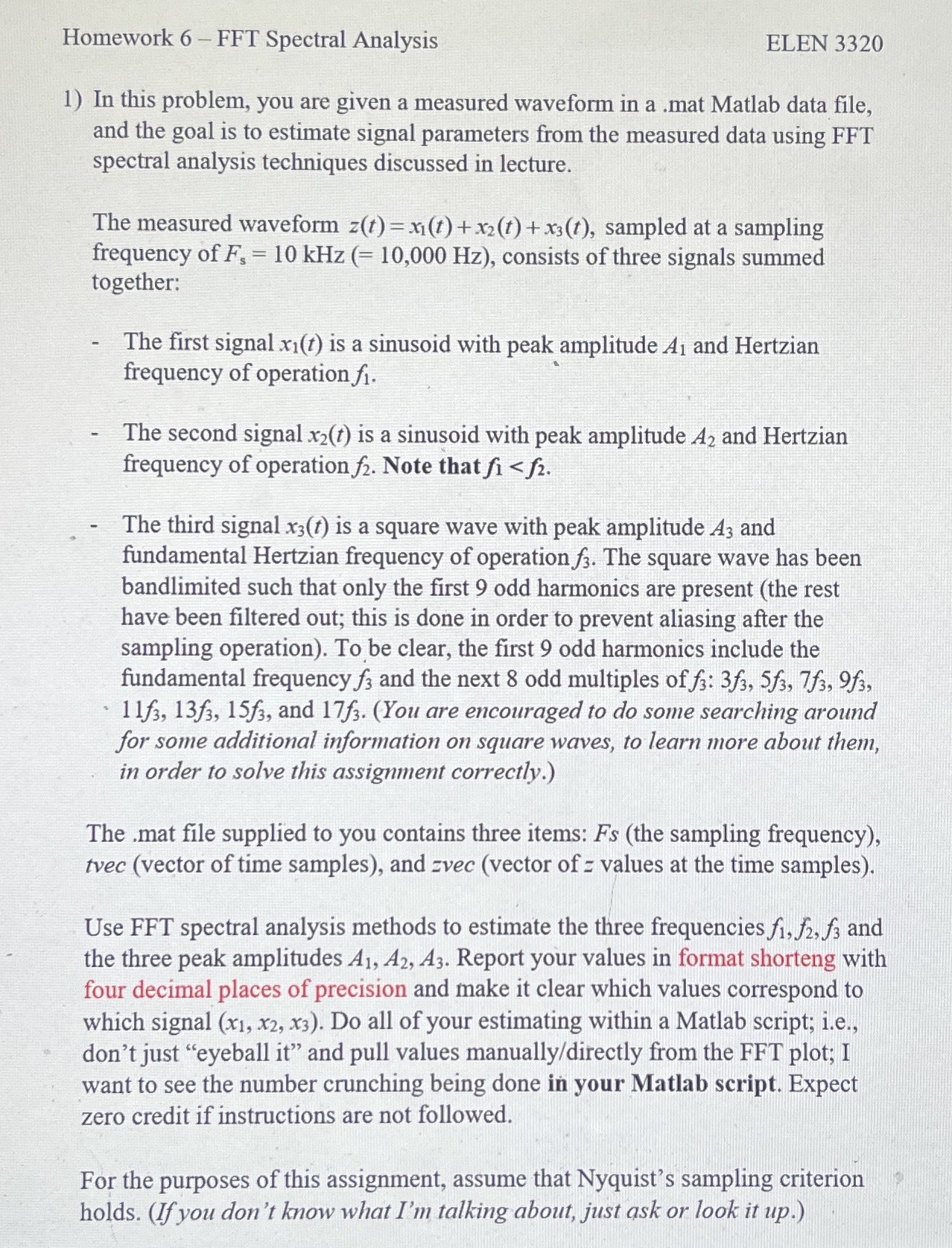 Homework 6 - FFT Spectral Analysis ELEN 3 3 2 0