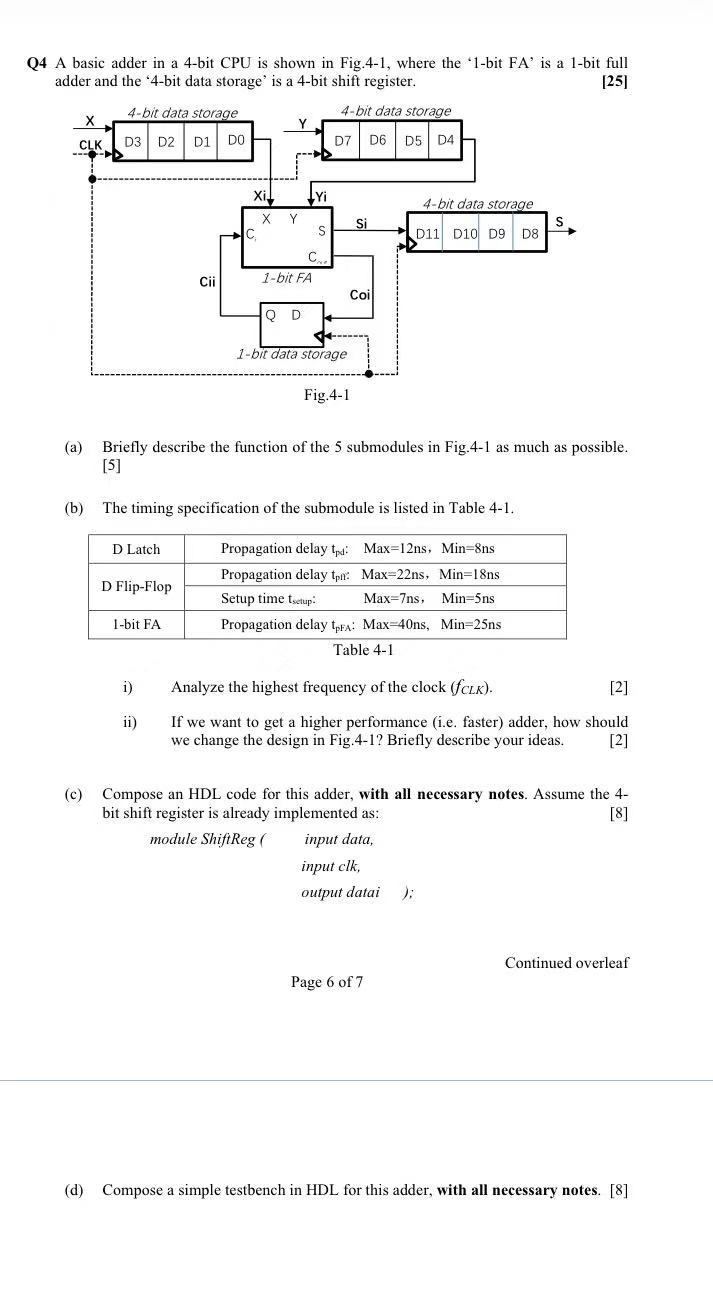Q 4 A basic adder in a 4 - bit CPU is shown in