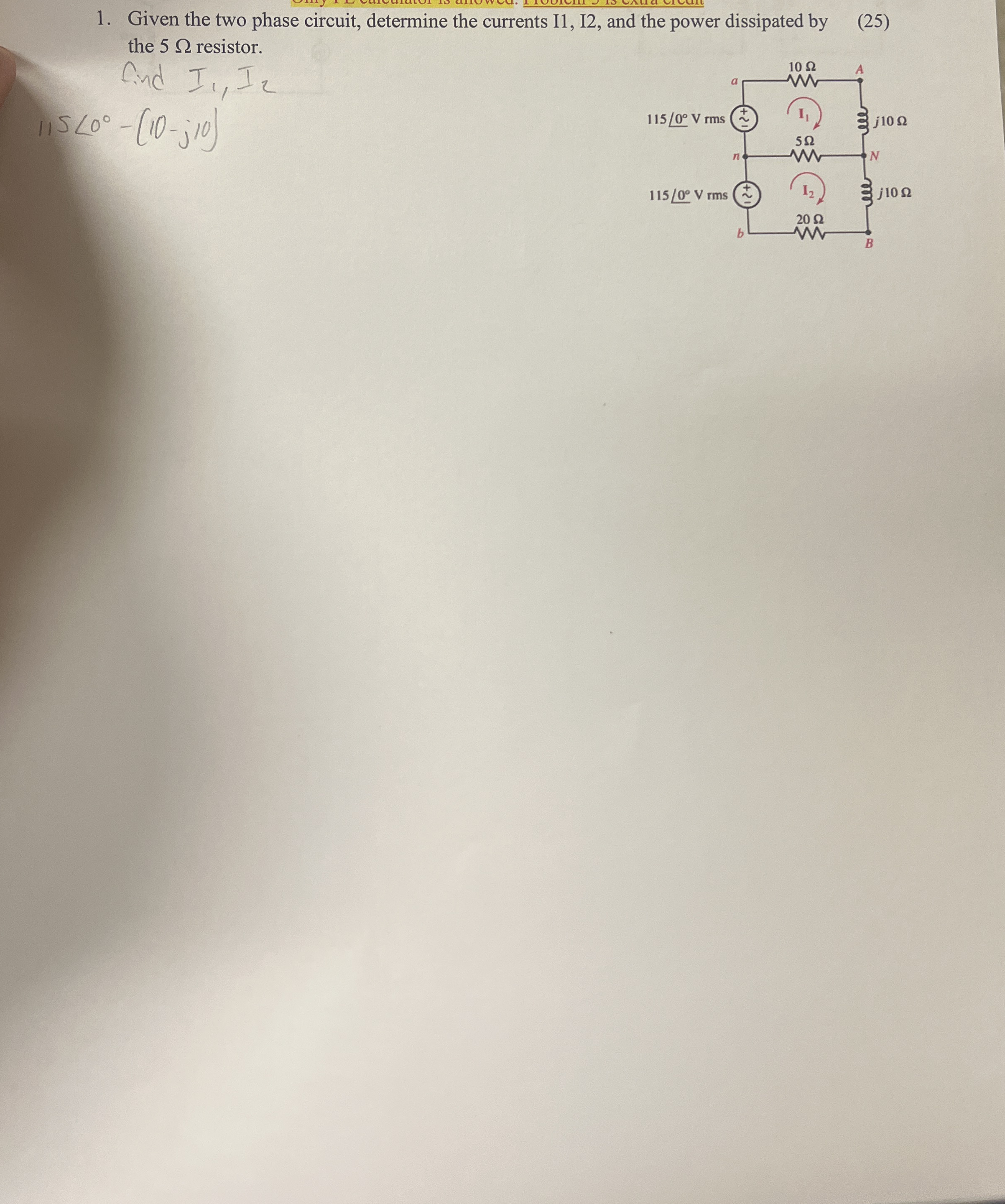 Given the two phase circuit, determine the