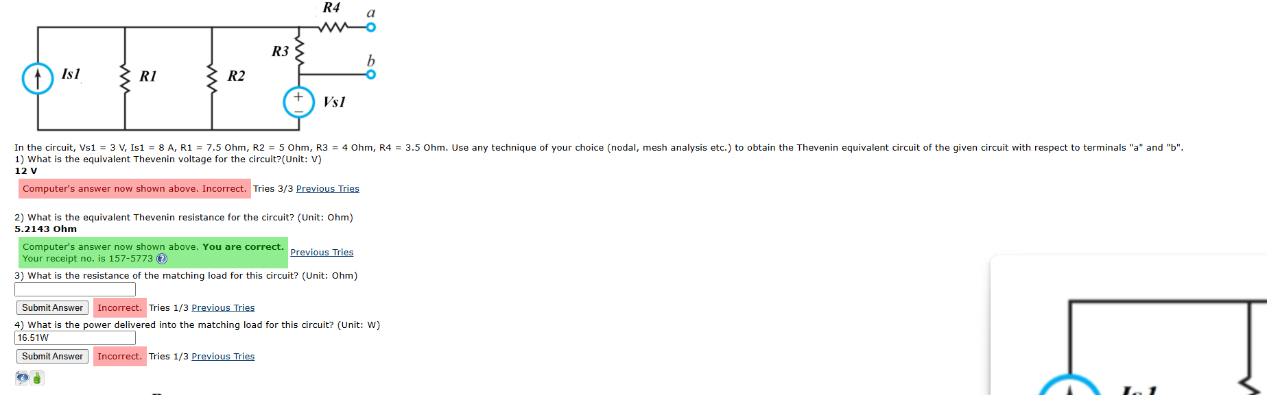 1 ) What is the equivalent Thevenin voltage for
