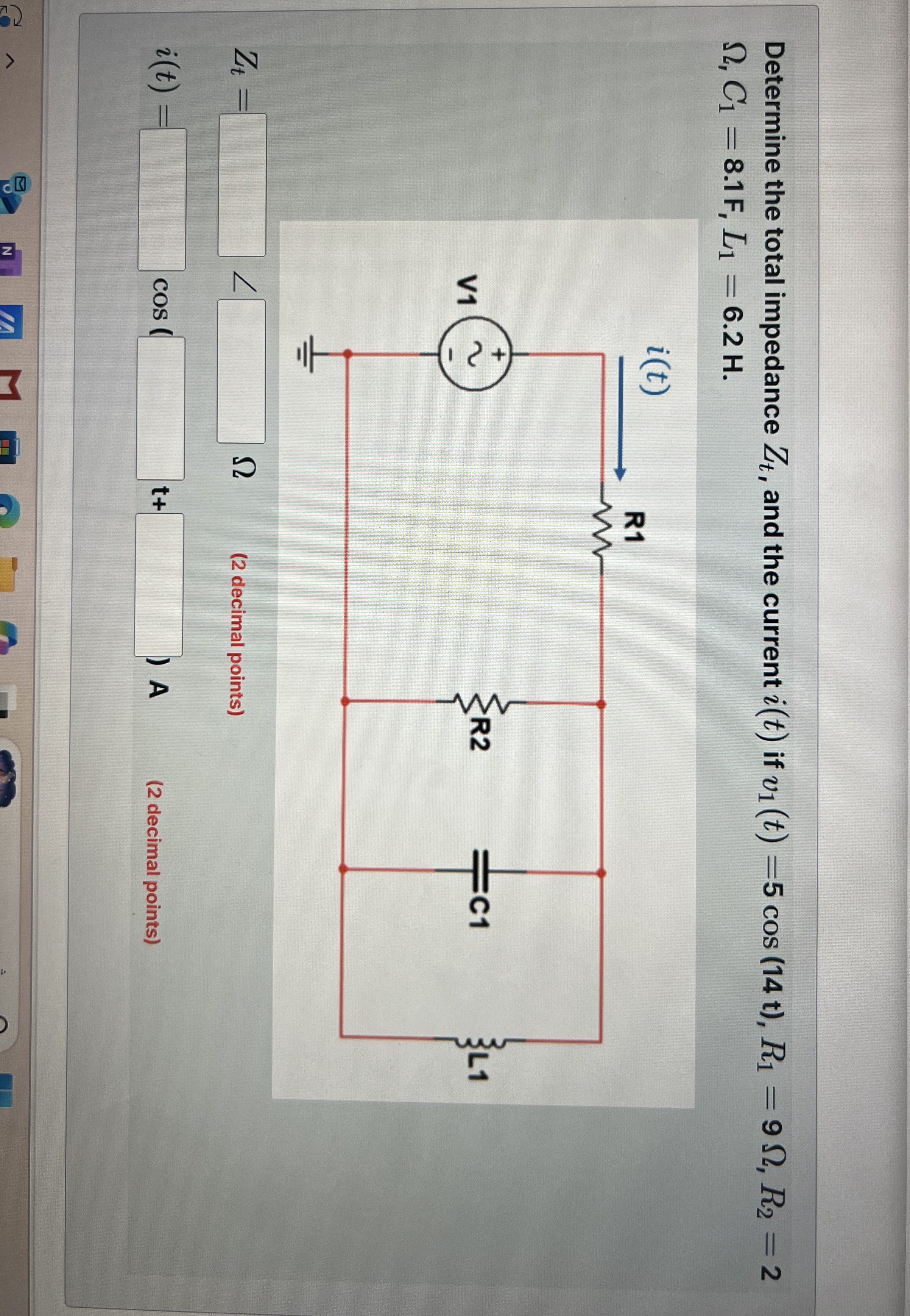 Determine the total impedance Z t , and the