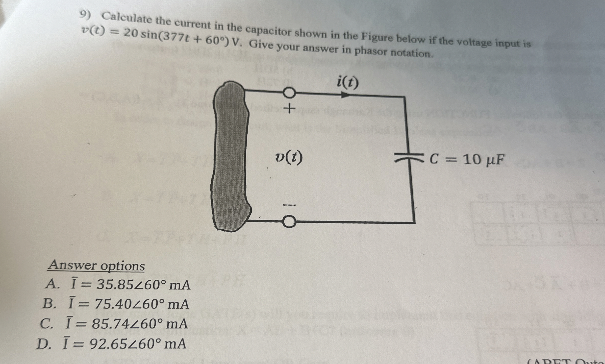 Calculate the current in the capacitor shown in