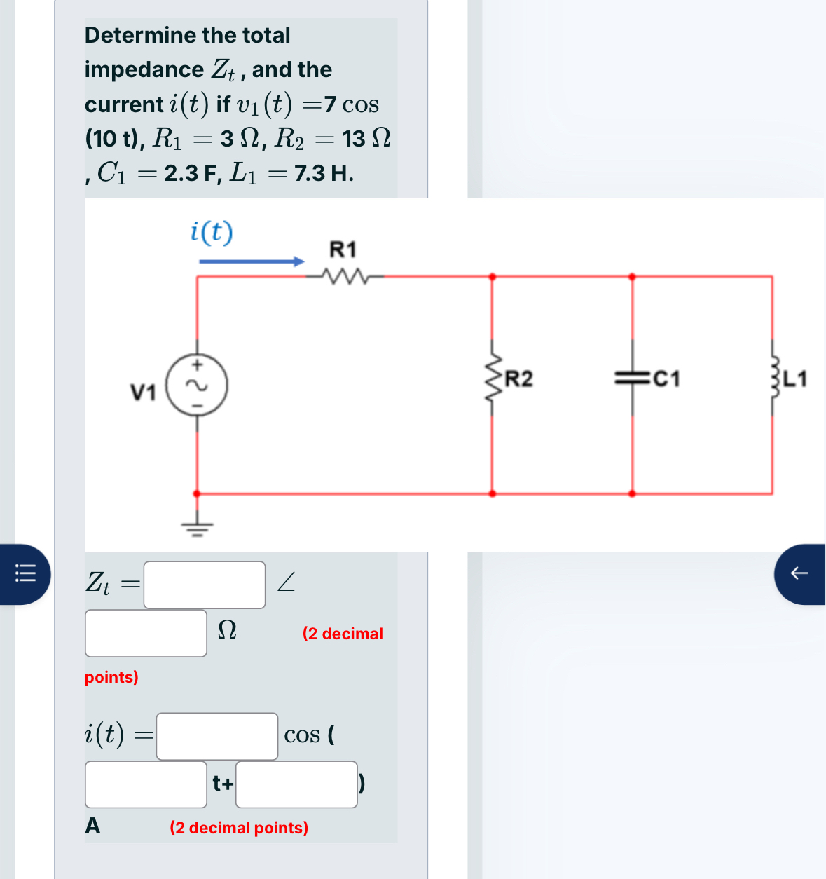 Determine the total impedance Z t , and the