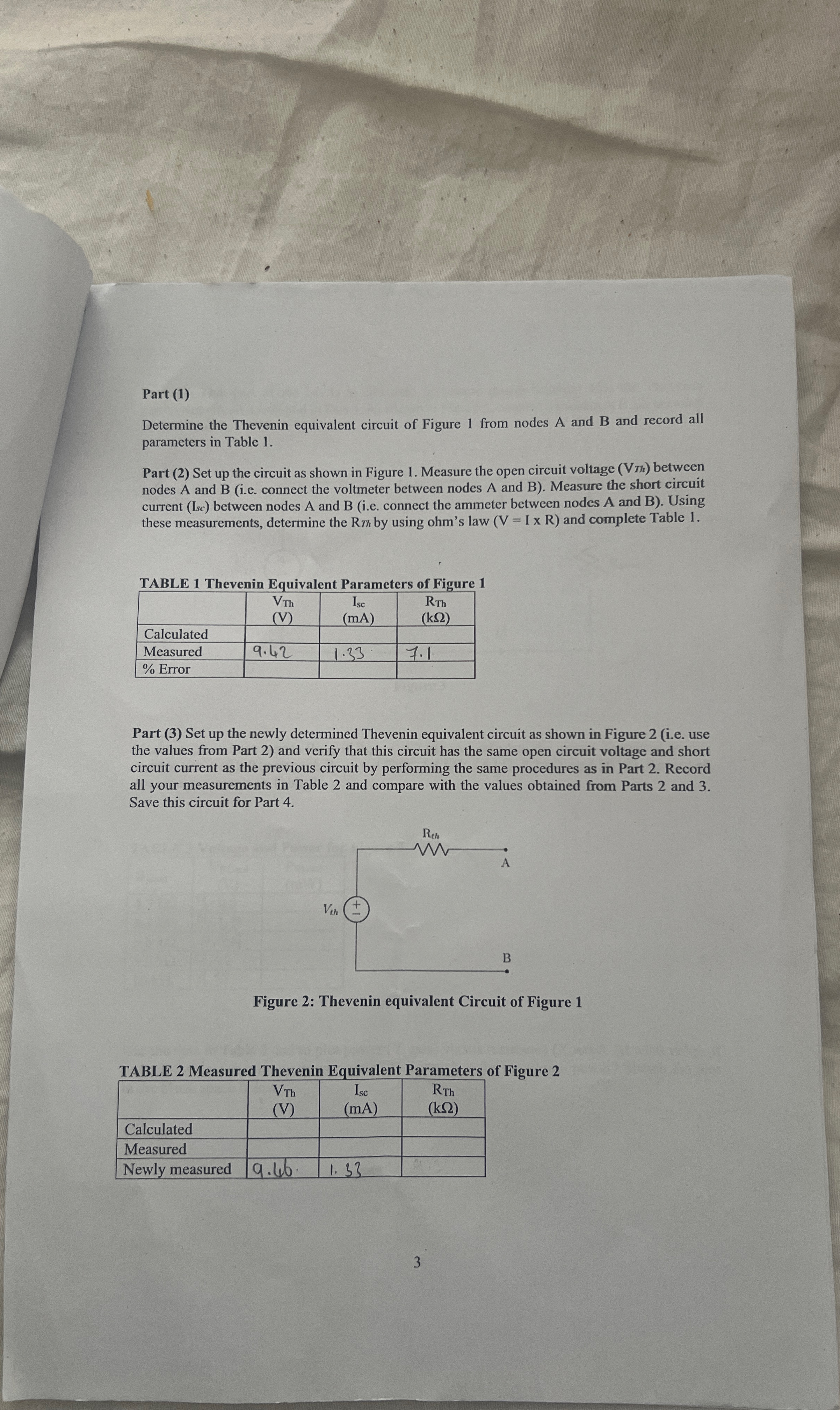 Part ( 1 ) Determine the Thevenin equivalent