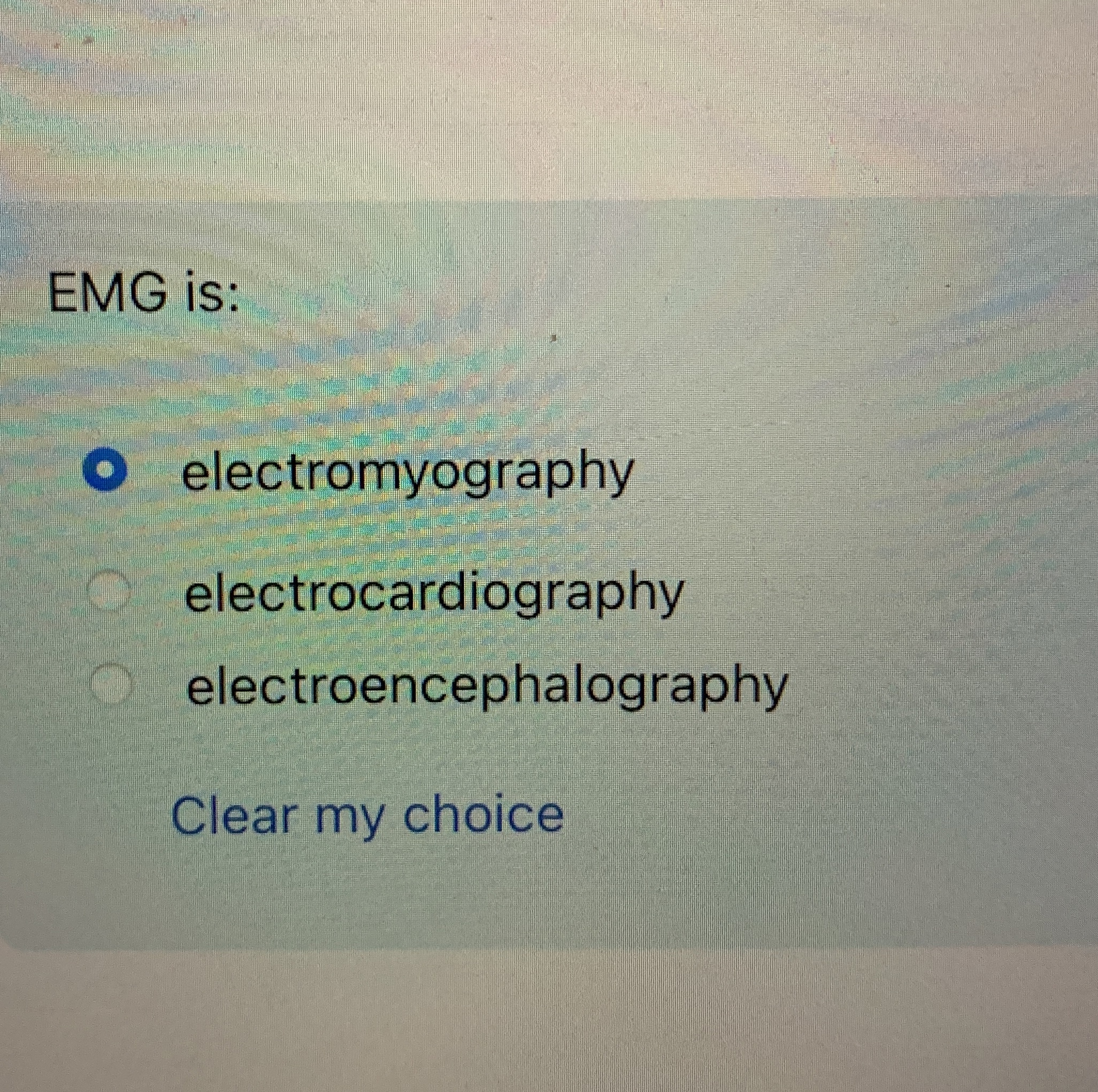 EMG is: electromyography electrocardiography