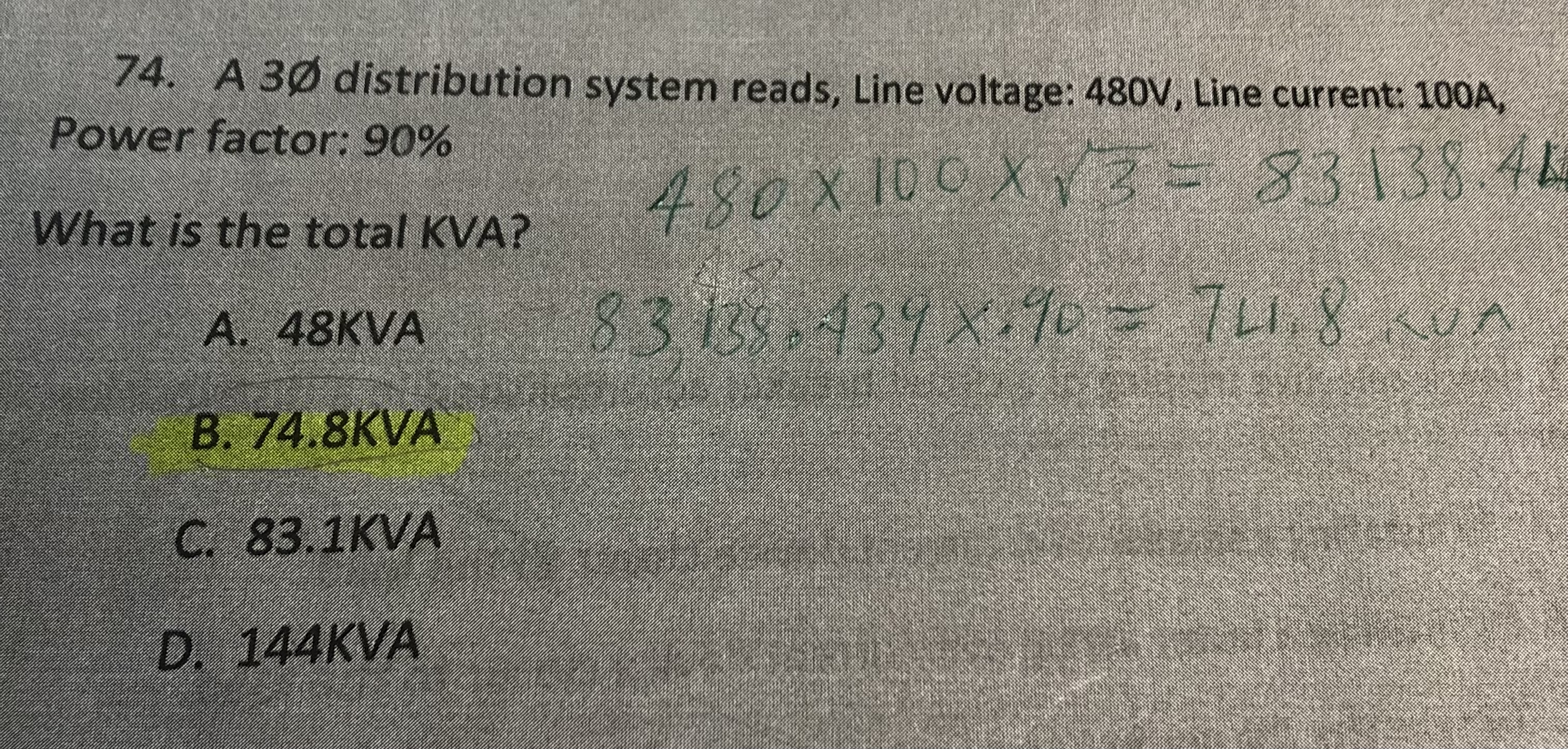 A 3 phase distribution system reads, Line