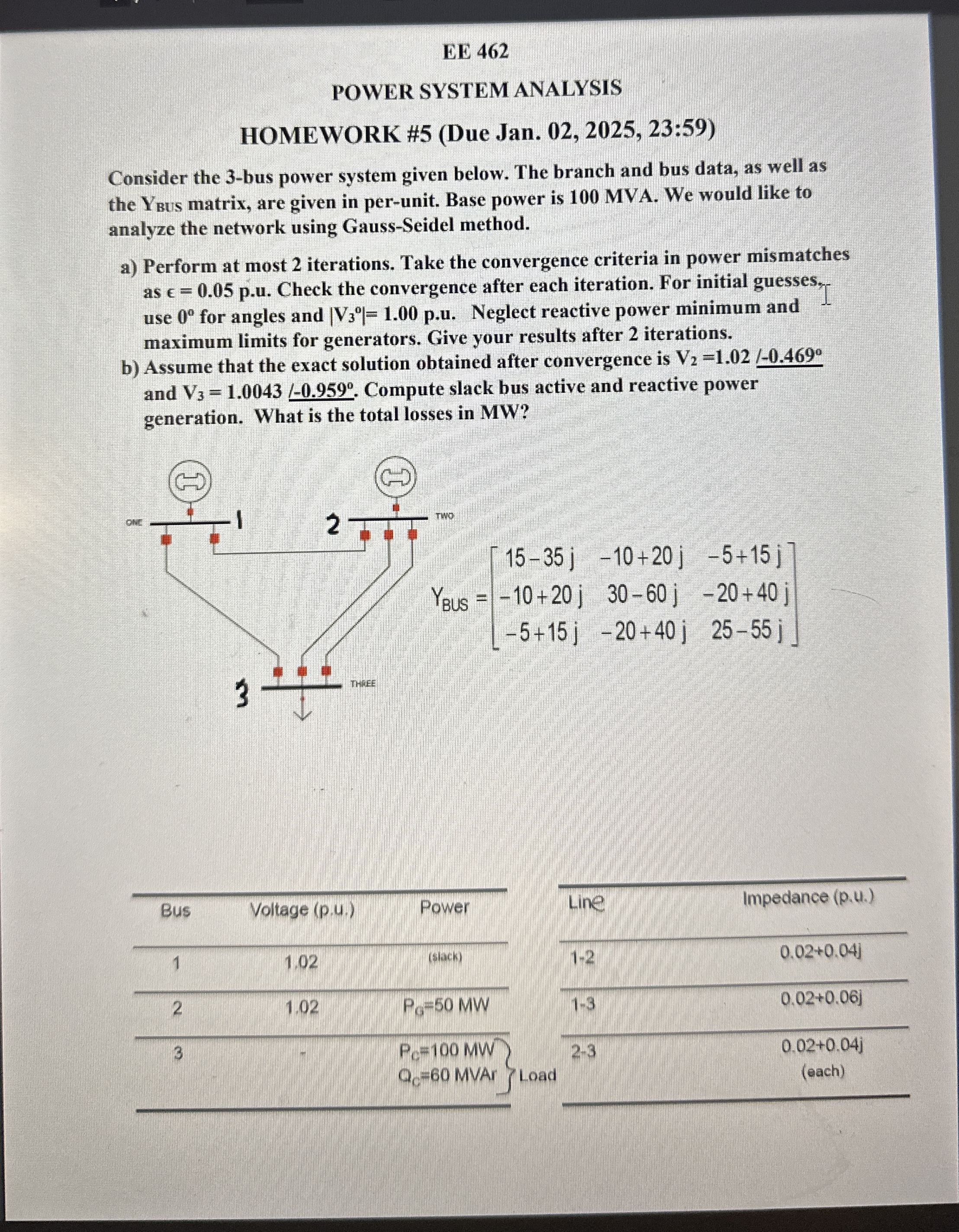 EE 4 6 2 POWER SYSTEM ANALYSIS HOMEWORK # 5 ( Due