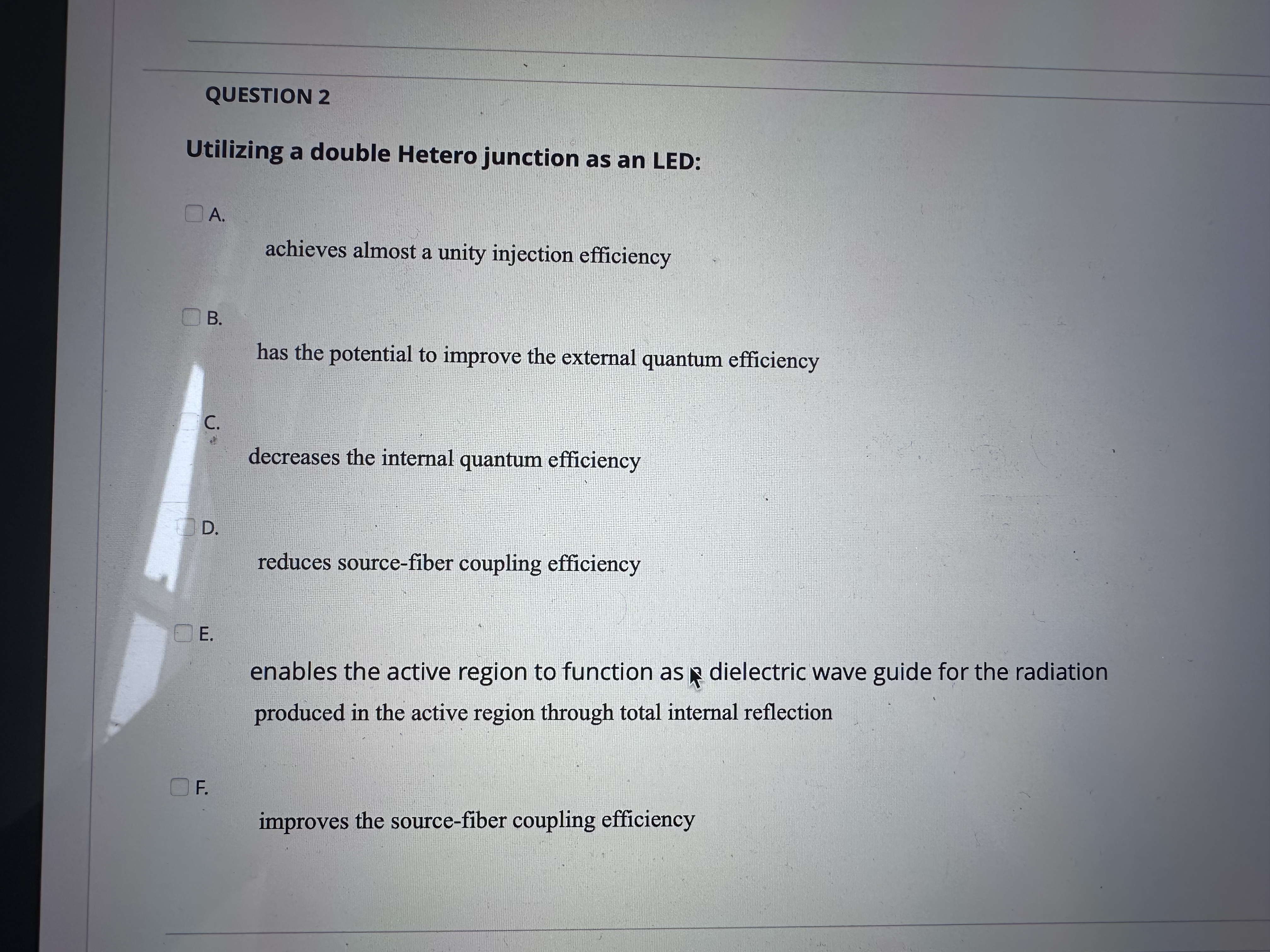 QUESTION 2 Utilizing a double Hetero junction as