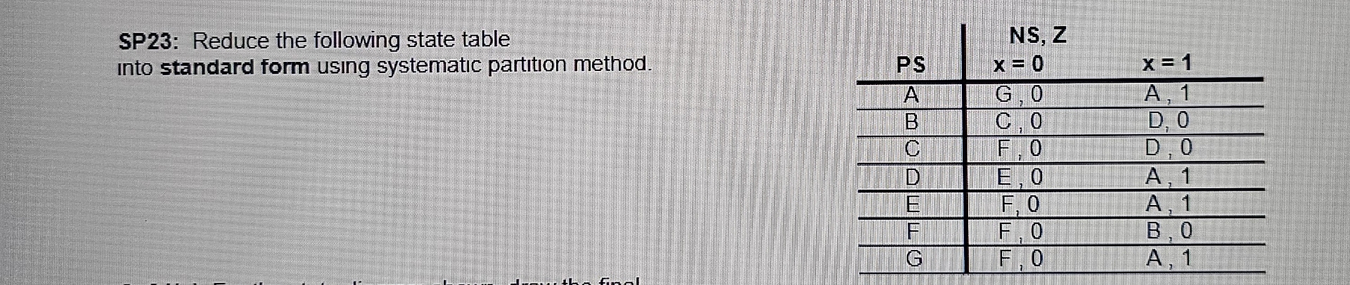 SP 2 3 : Reduce the following state table into