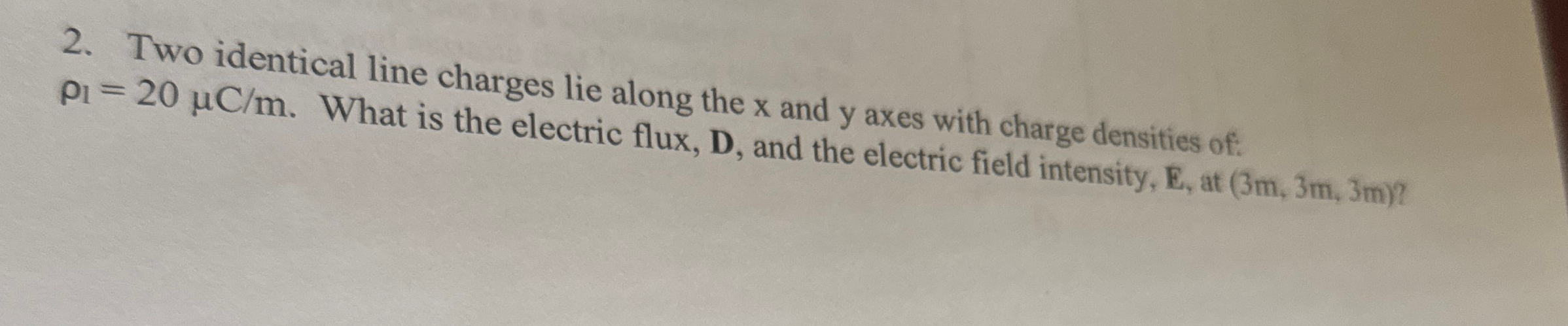 Two identical line charges lie along the x and y