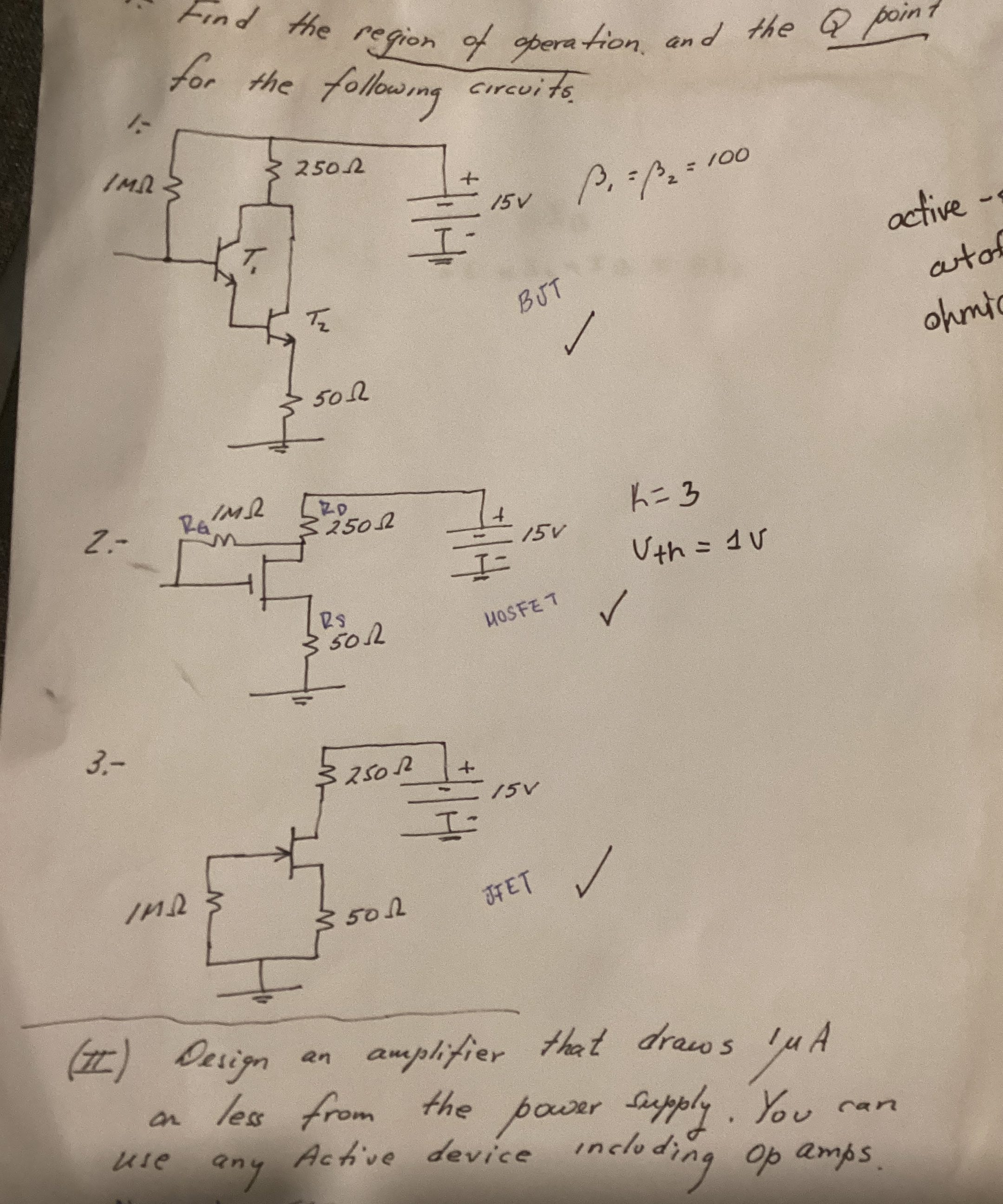Find the region of operation and the Q point for