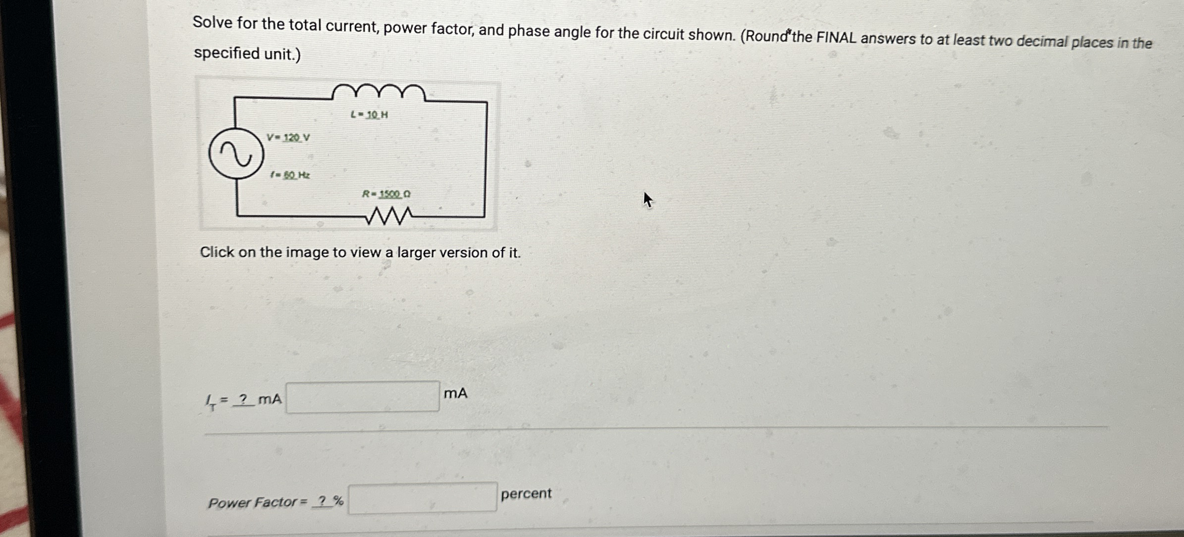 Solve for the total current, power factor, and