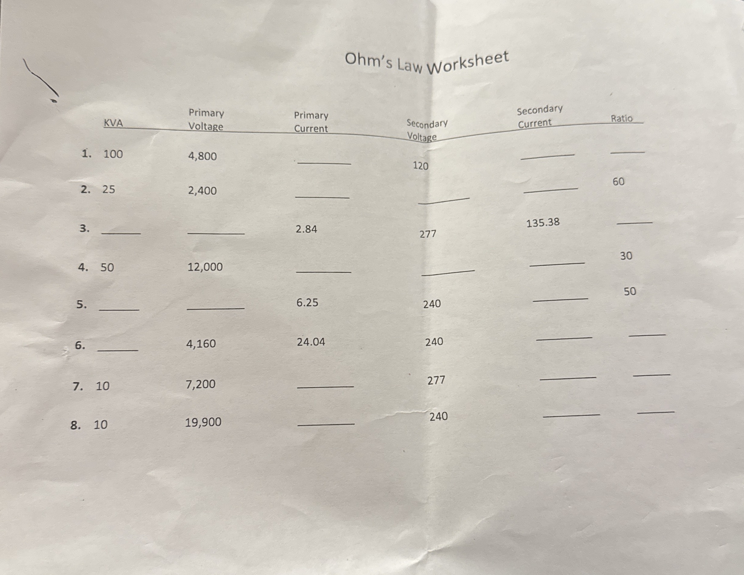 Ohm's Law worksheet Help solve this