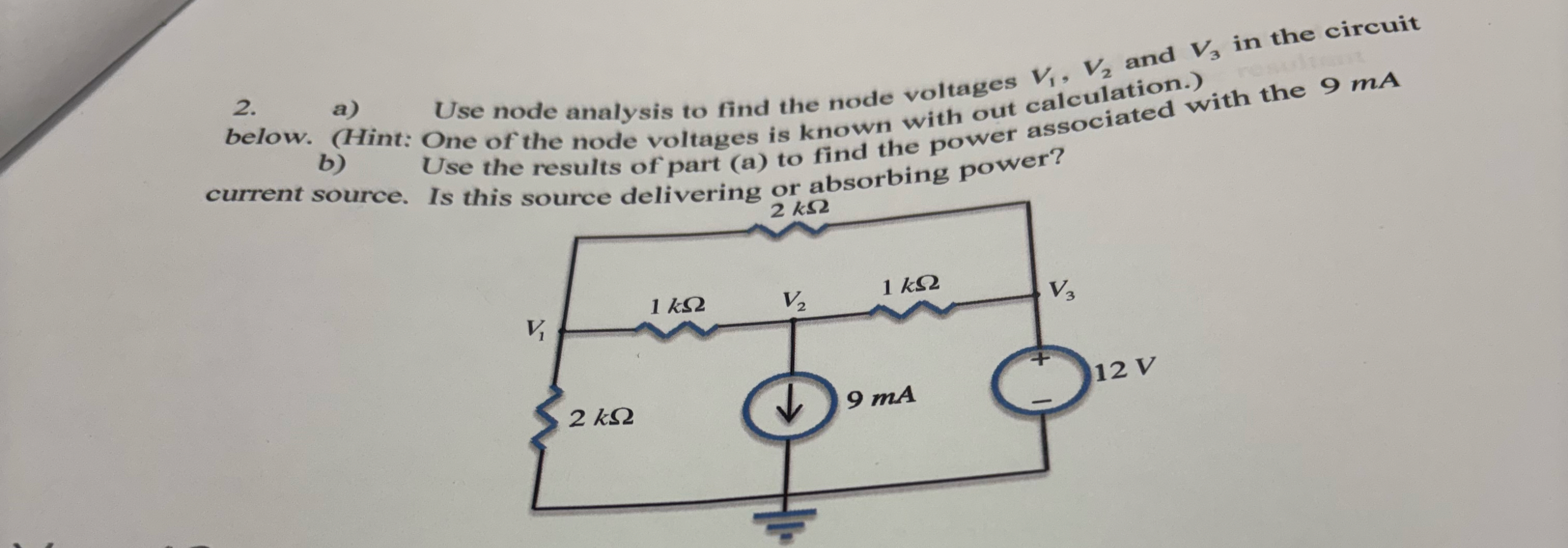 a ) Use node analysis to find the node voltages V