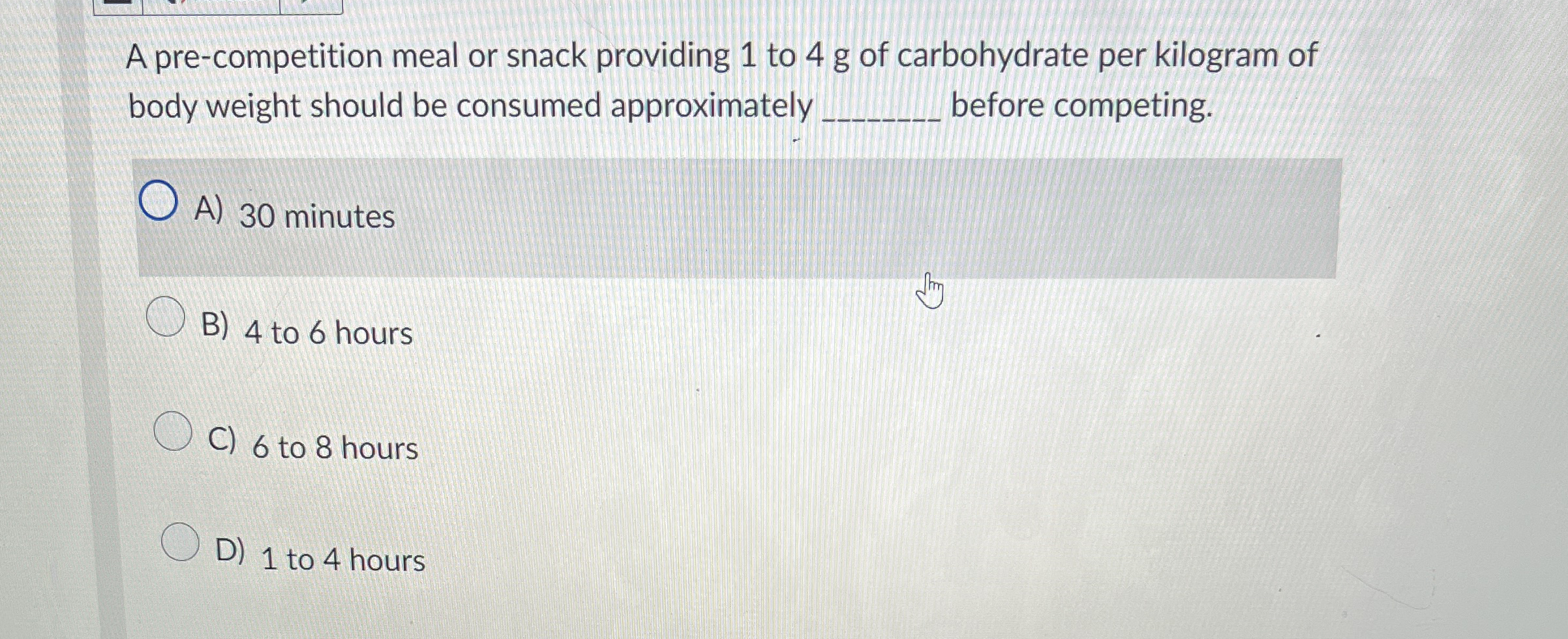 A pre - competition meal or snack providing 1 to