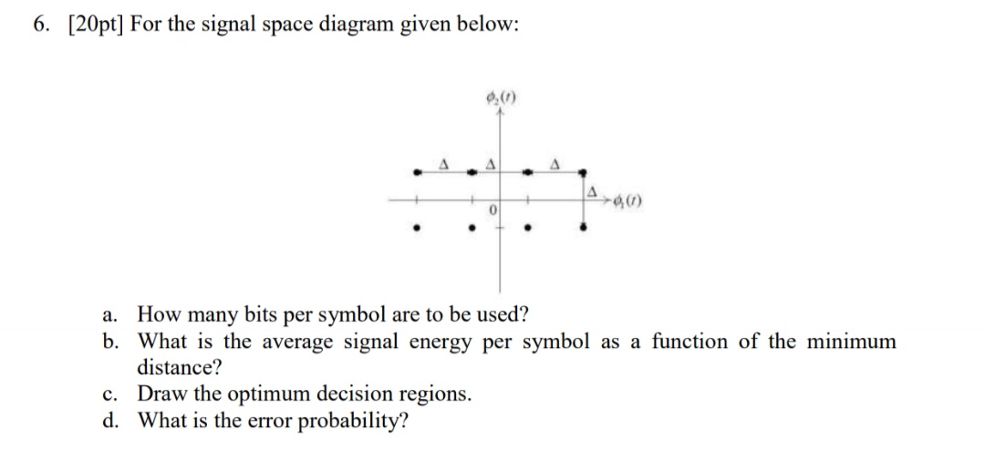 6 . [ 2 0 pt ] For the signal space diagram given