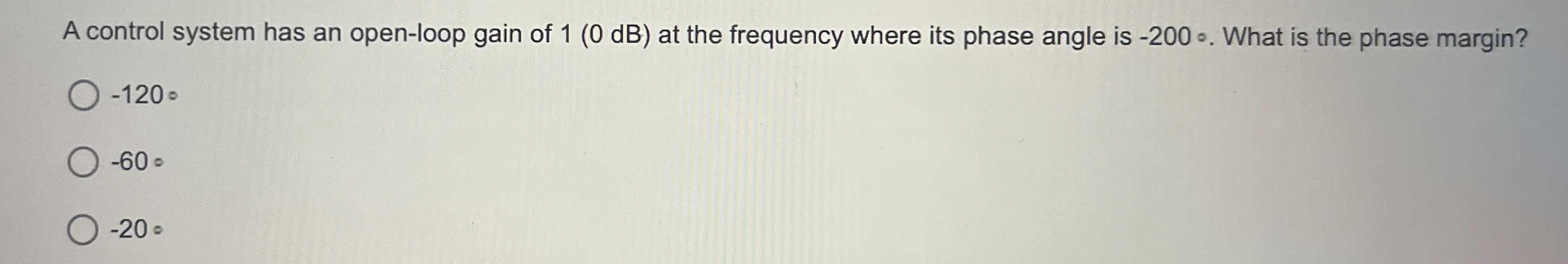 A control system has an open - loop gain of 1 ( 0