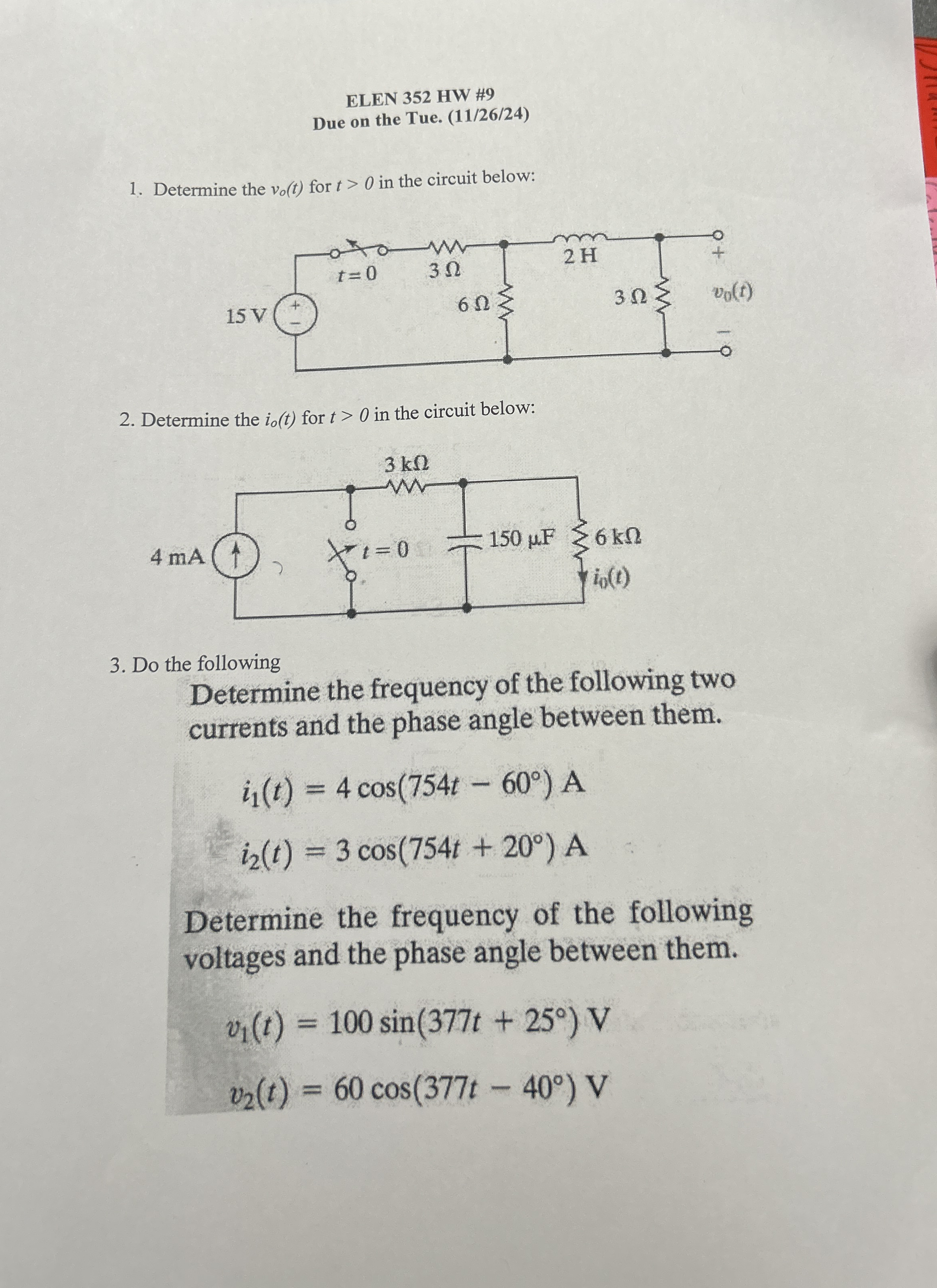 ELEN 3 5 2 HW # 9 Due on the Tue. ( 1 1 / 2 6 / 2