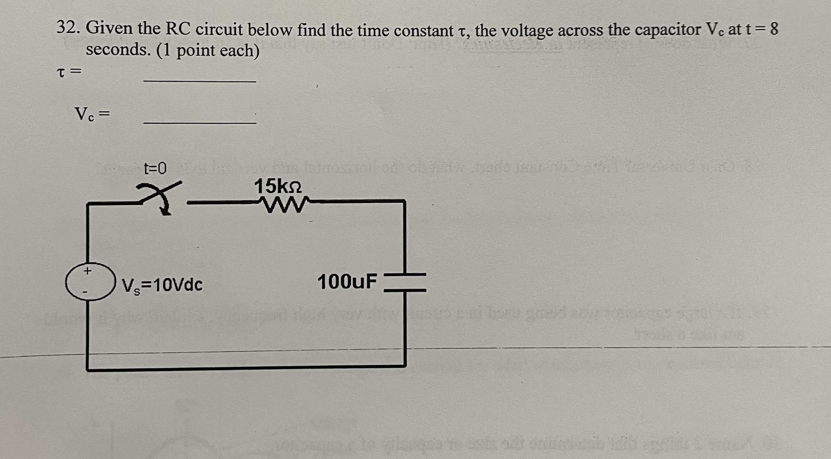 Given the RC circuit below find the time constant