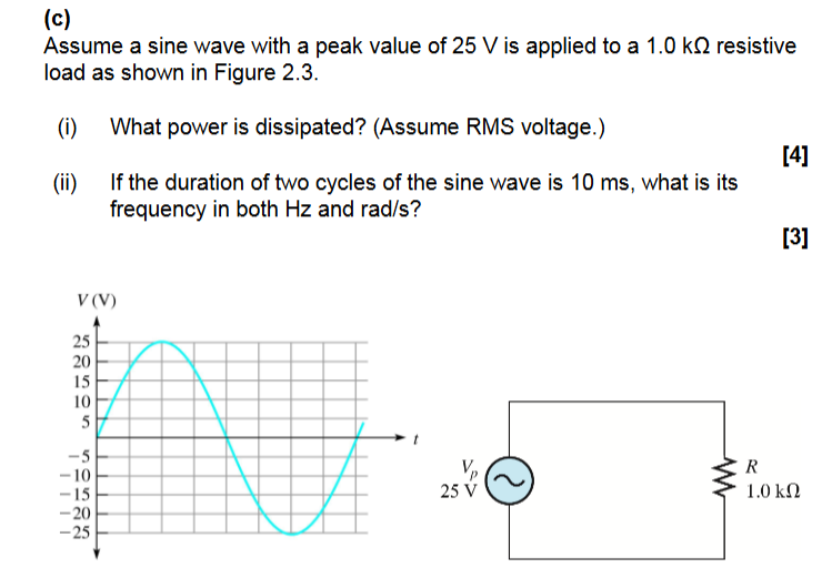 Assume a sine wave with a peak value of 2 5 V is
