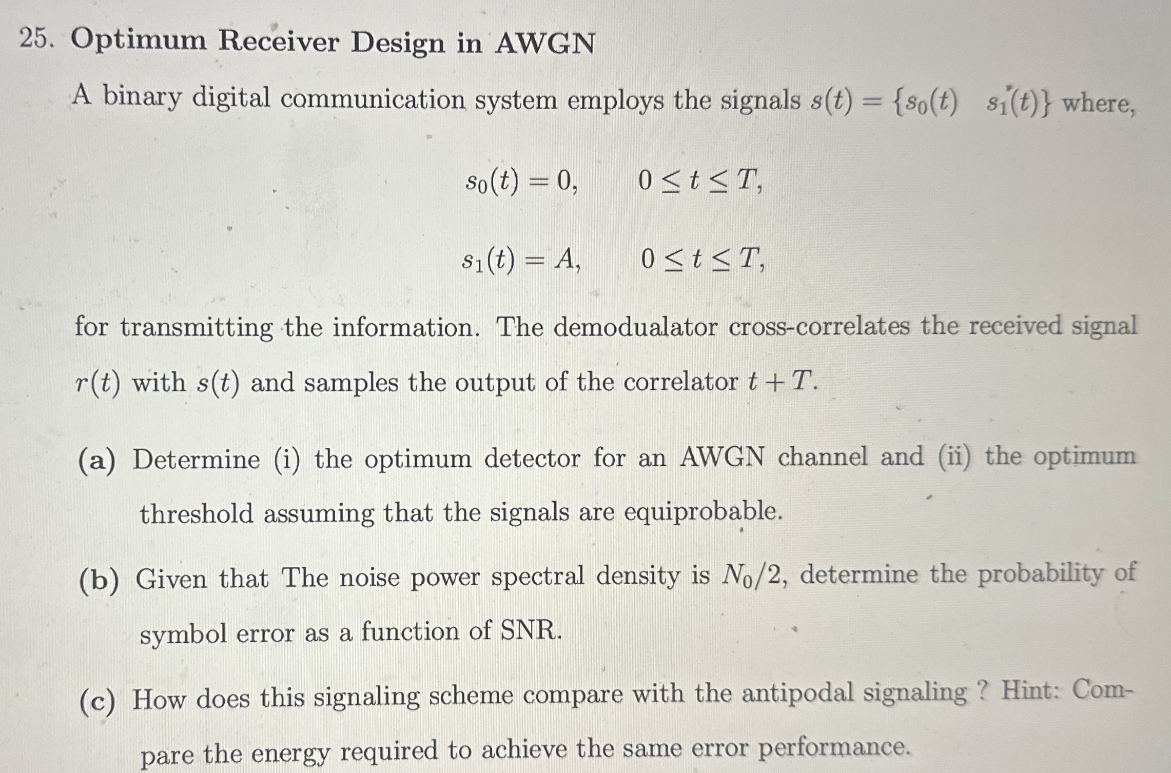 Optimum Receiver Design in AWGN A binary digital