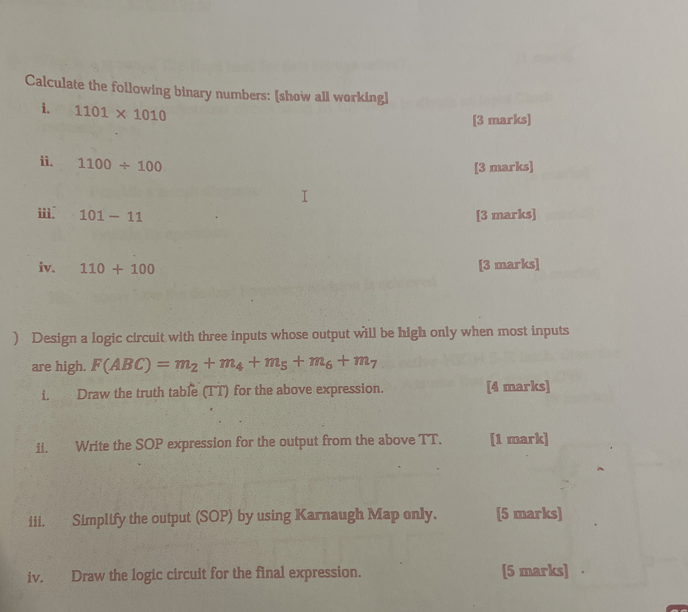 Calculate the following binary numbers: [ show