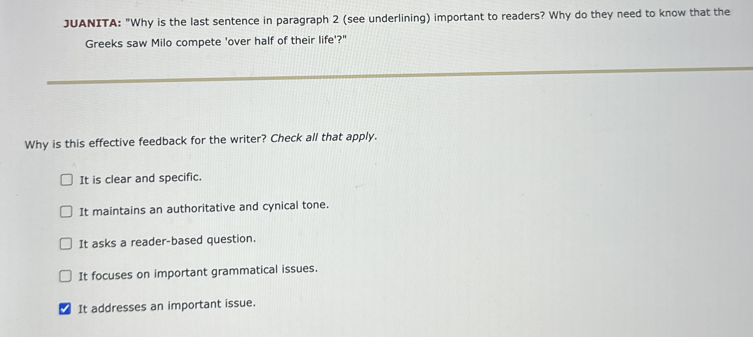 JUANITA: "Why is the last sentence in paragraph 2