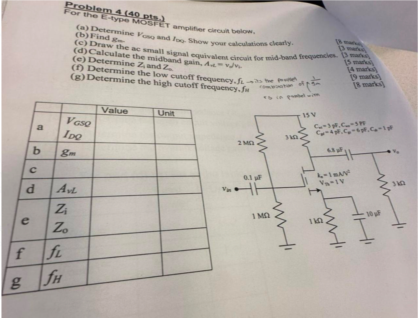 Problem . ) For the E - type MOSFET amplifier