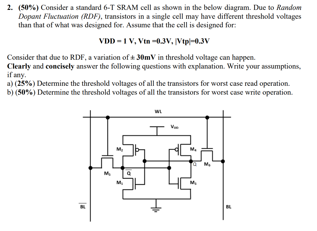 2 . Consider a standard 6 - T SRAM cell as shown
