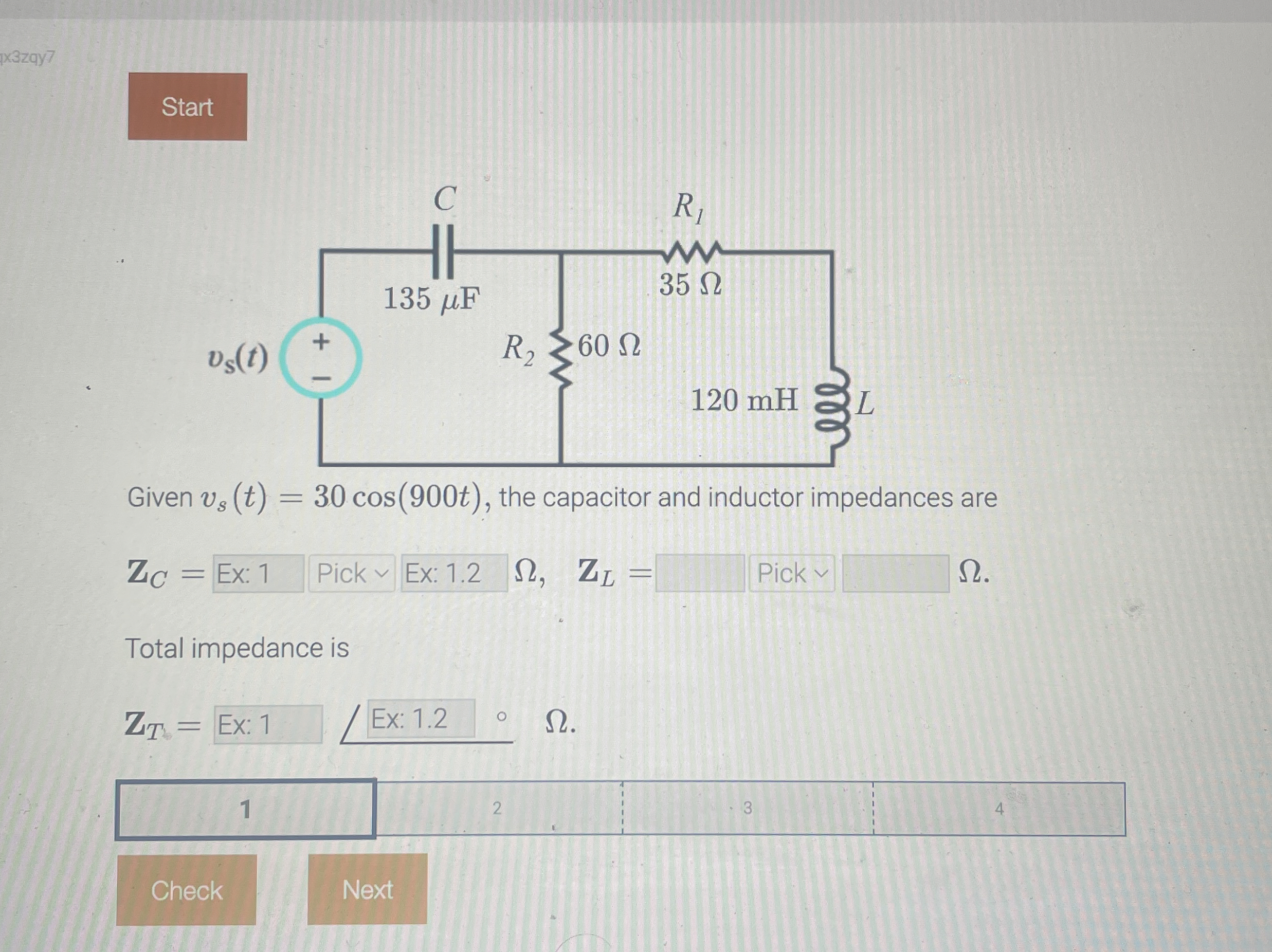 Given v s ( t ) = 3 0 c o s ( 9 0 0 t ) , the