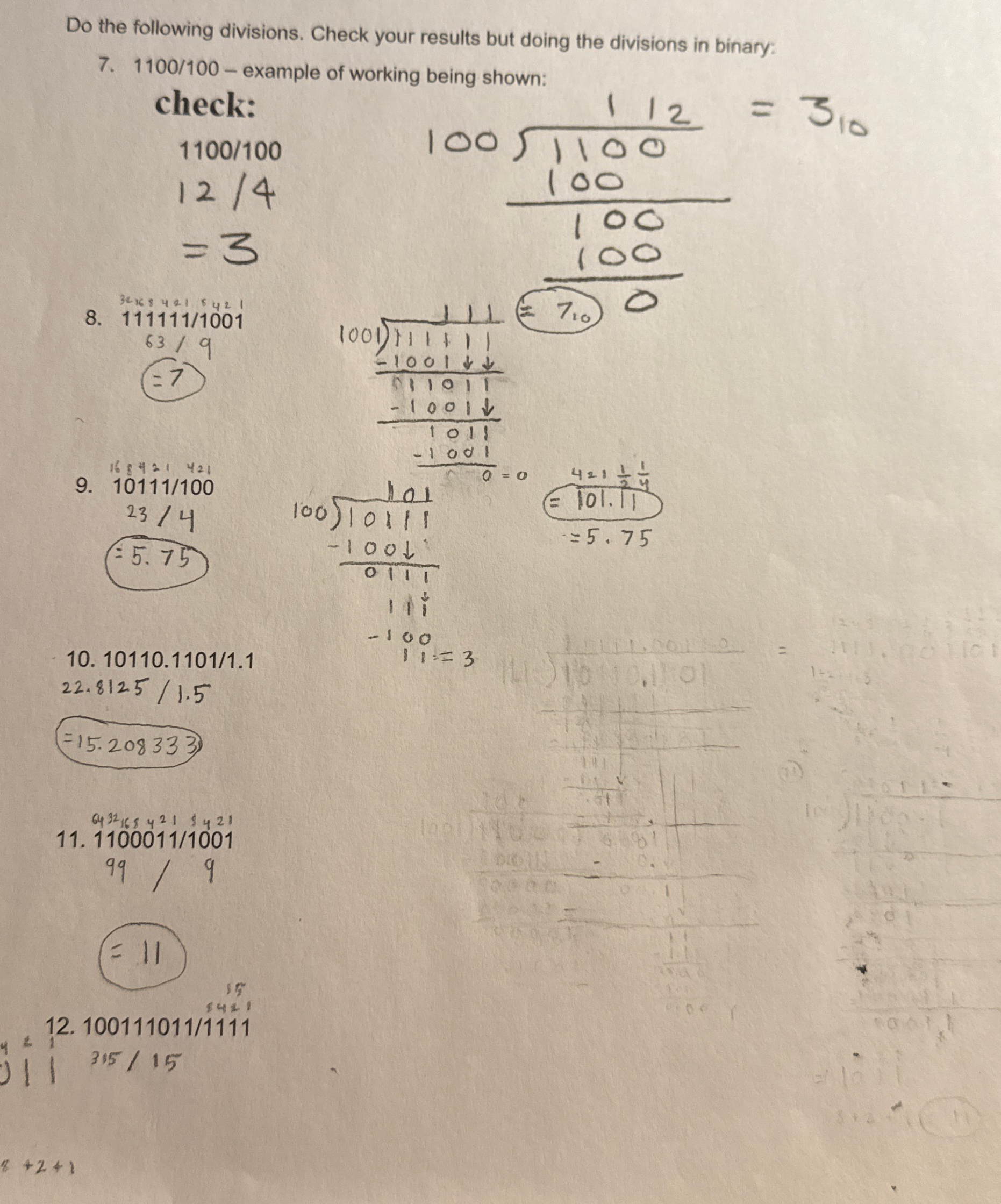Do the following divisions. Show working and