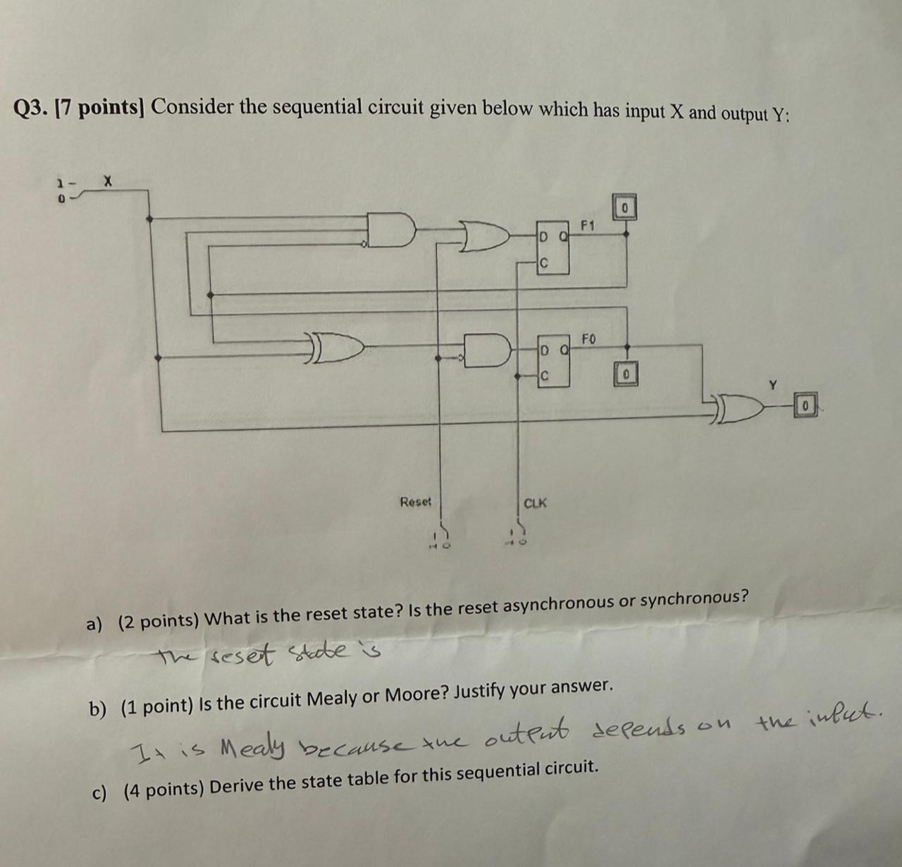 b ) ( 1 point ) Is the circuit Mealy or Moore?