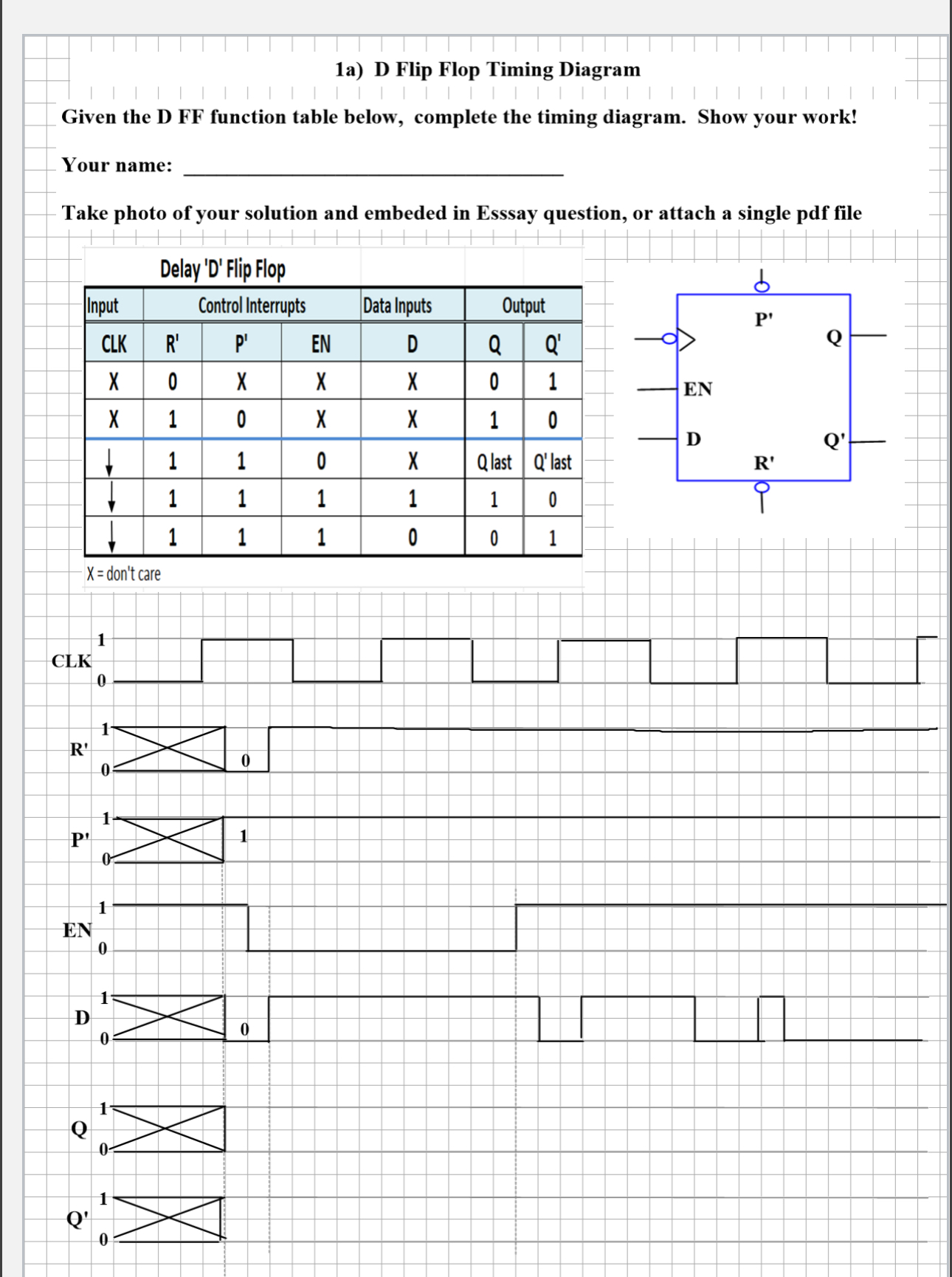 1 a ) D Flip Flop Timing Diagram Given the D FF