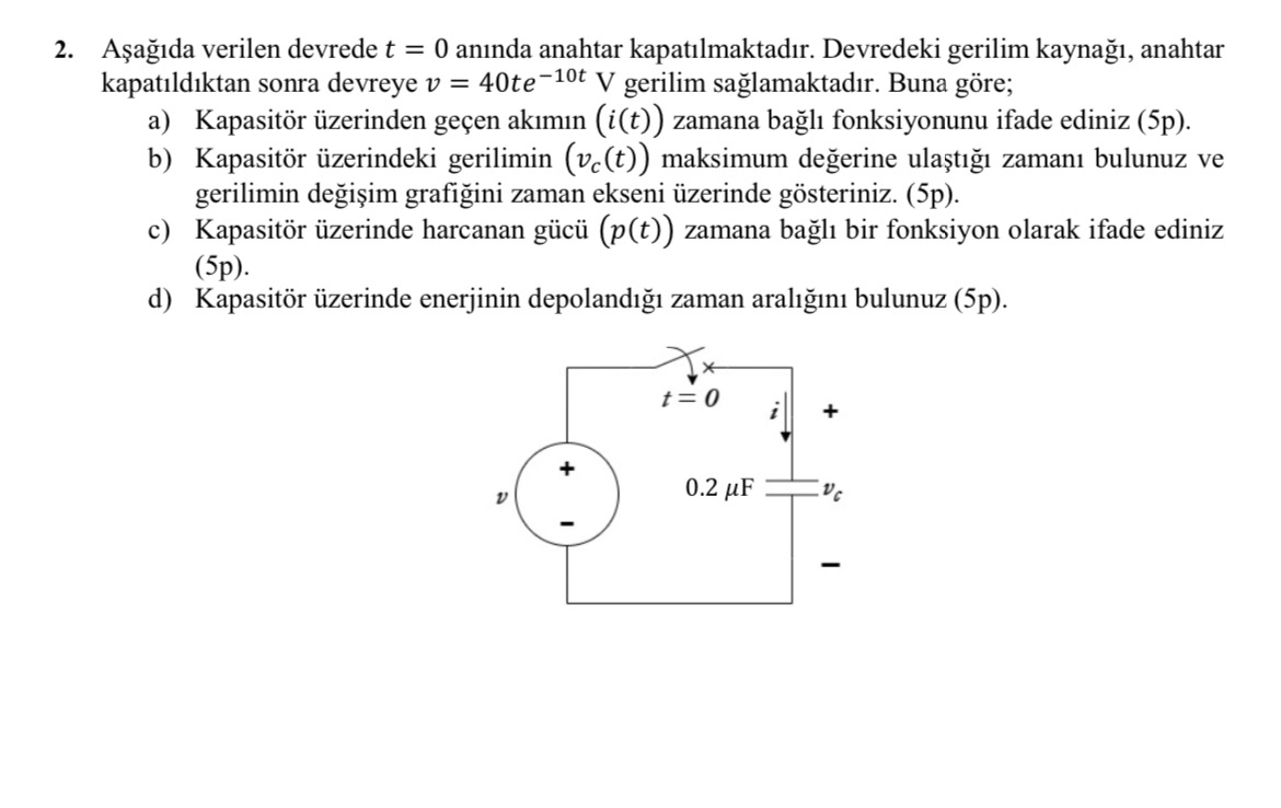 A a da verilen devrede t = 0 an nda anahtar kapat