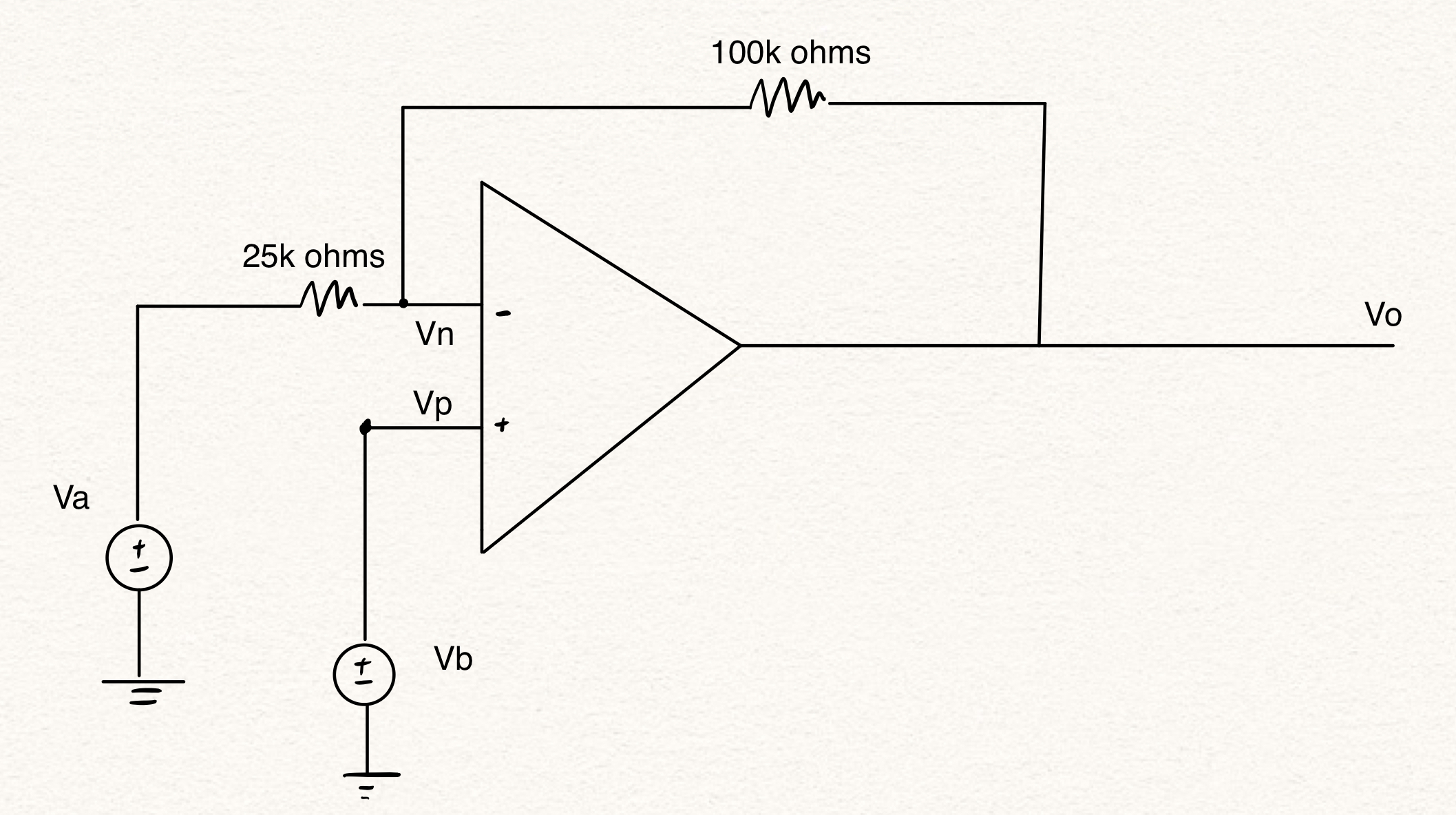 Find Vo in terms of Va and Vb . Start KCL at the