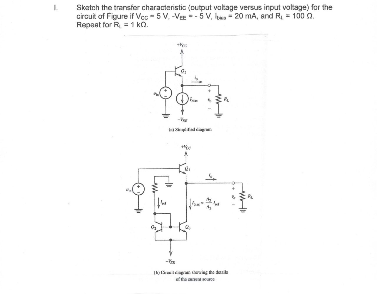 I. Sketch the transfer characteristic ( output