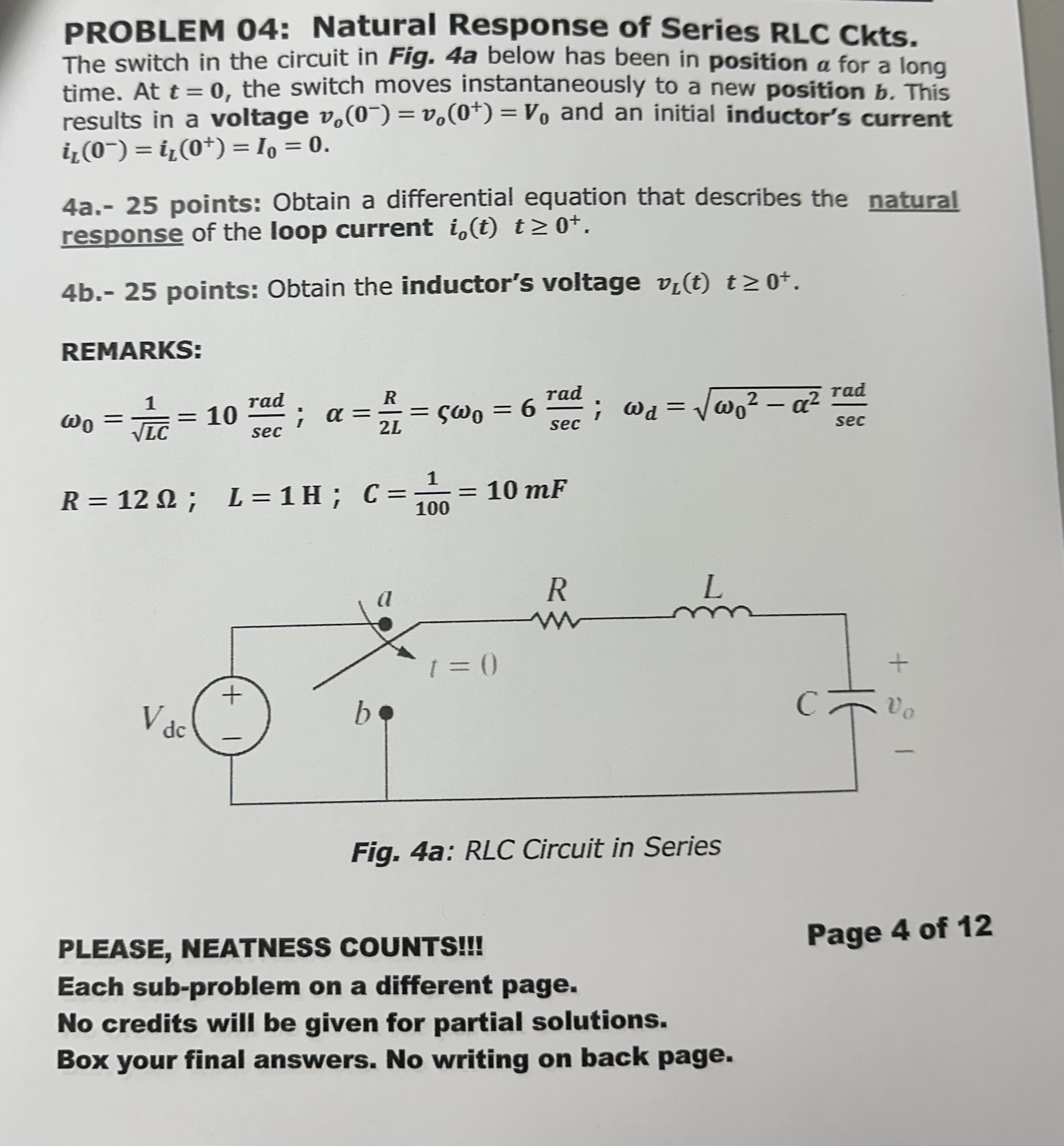 PROBLEM 0 4 : Natural Response of Series RLC Ckts